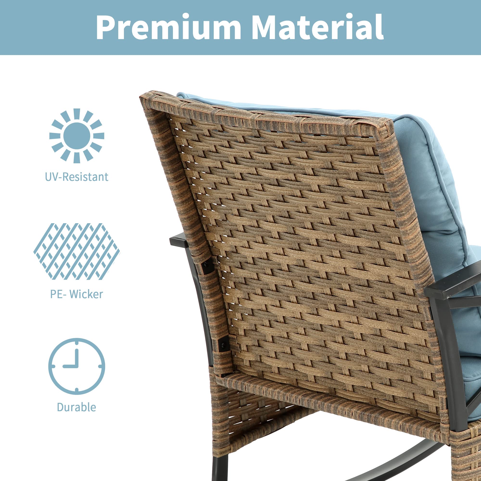 3-Piece Outdoor Rocking Chair Set - Patio Bistro Furniture with 2 Wicker Rockers & Blue Cushions + Table - Perfect for Porch, Lawn, Garden & Backyard Relaxation