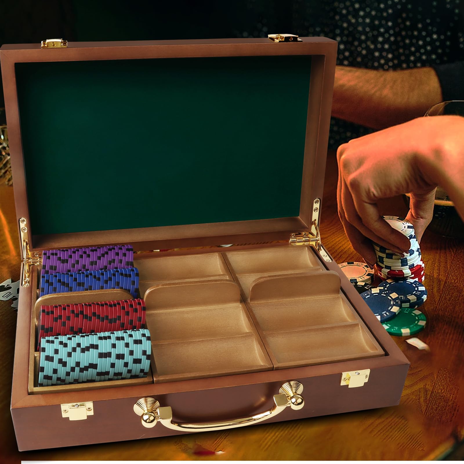 Premium Wooden Poker Chip Case with 3 Chip Trays - Casino Grade 300-Capacity Poker Chip Holder in Walnut Finish | Perfect for Home Poker Games, Casino Nights & Professional Tournaments