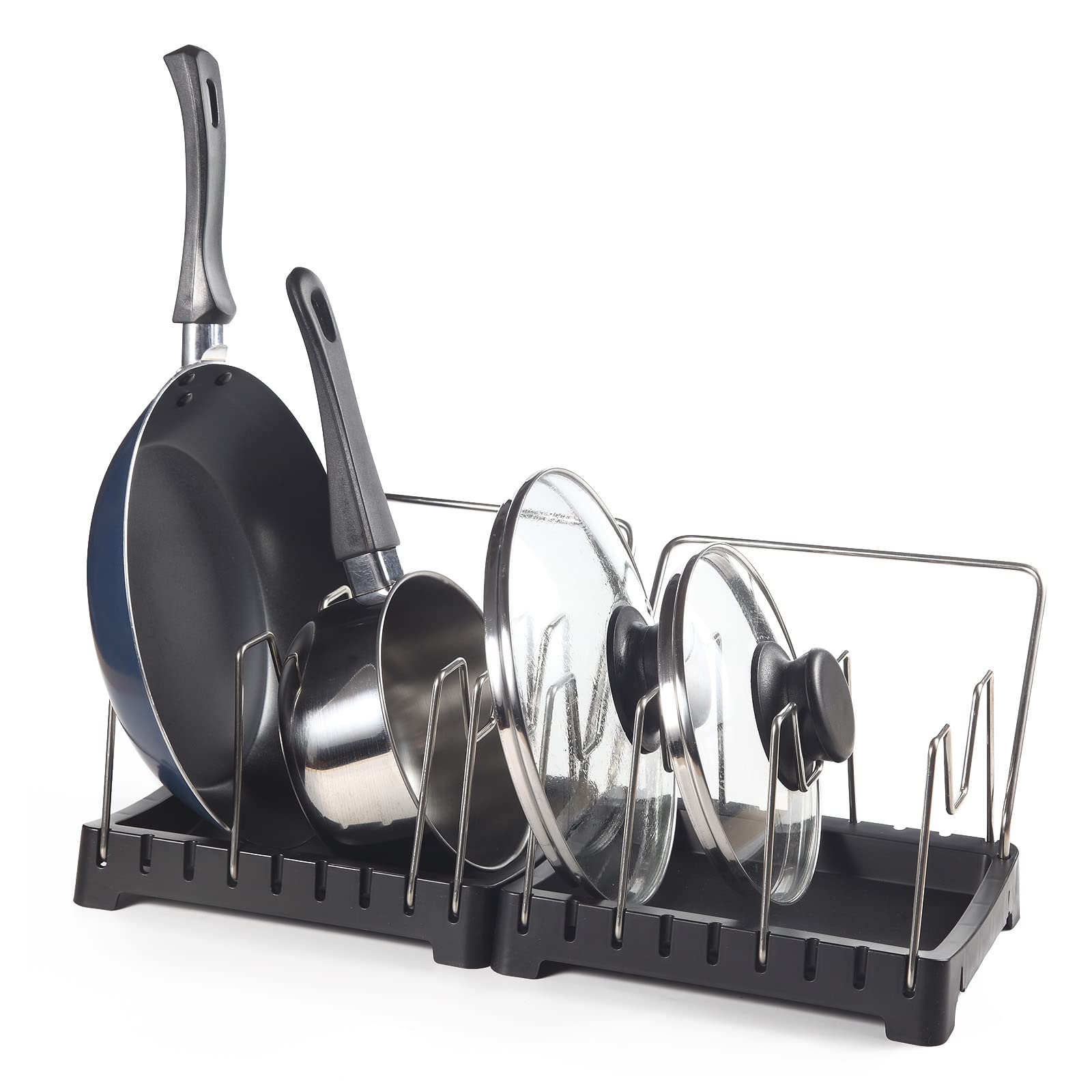 Expandable Pot and Pan Rack Organizer - 4 Adjustable Dividers for Kitchen Cabinet Storage, Cookware & Bakeware Holder - Perfect for Countertop or Under Cabinet Organization (Ideal for Small Kitchens & Space-Saving Storage)