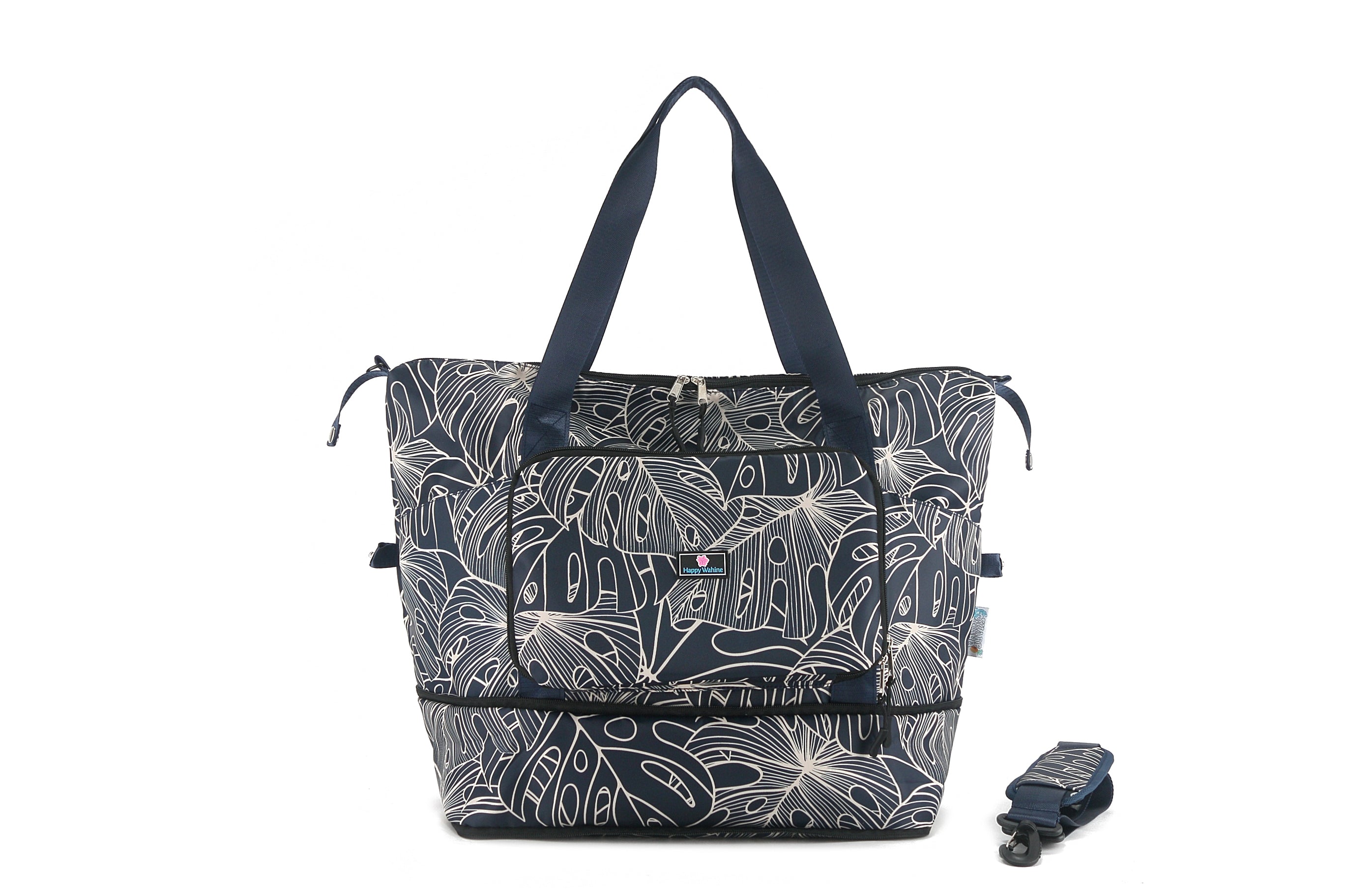 Foldable Duffle Bag - Sydney Monstera Lines Navy Blue Travel Duffel for Gym, Sports & Weekend Getaways