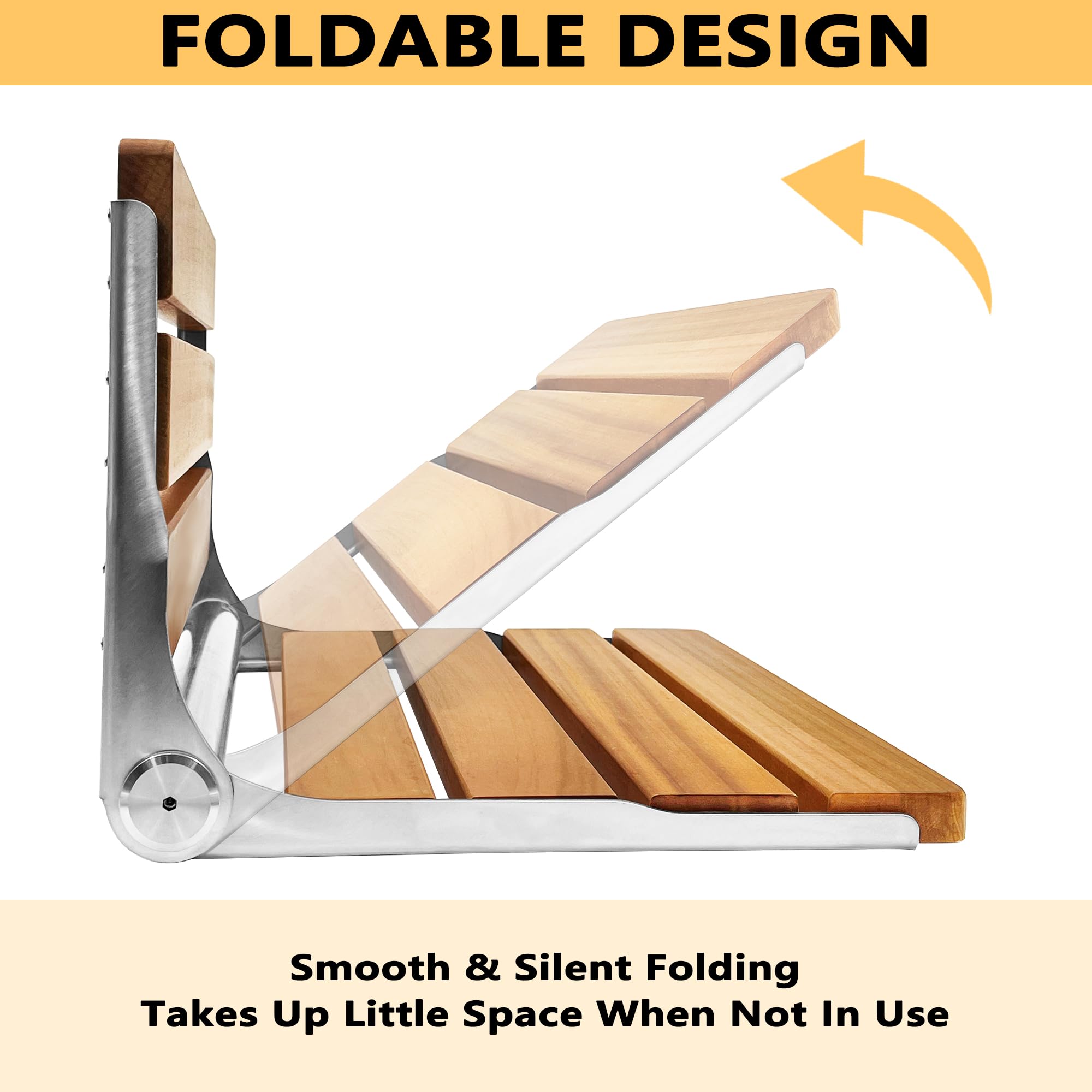 Premium Folding Teak Shower Seat - Stainless Steel Bath Safety Stool for Elderly & Disabled - Foldable Shower Bench with Non-Slip Feet - Perfect for Bathroom, Spa & Assisted Living Facilities