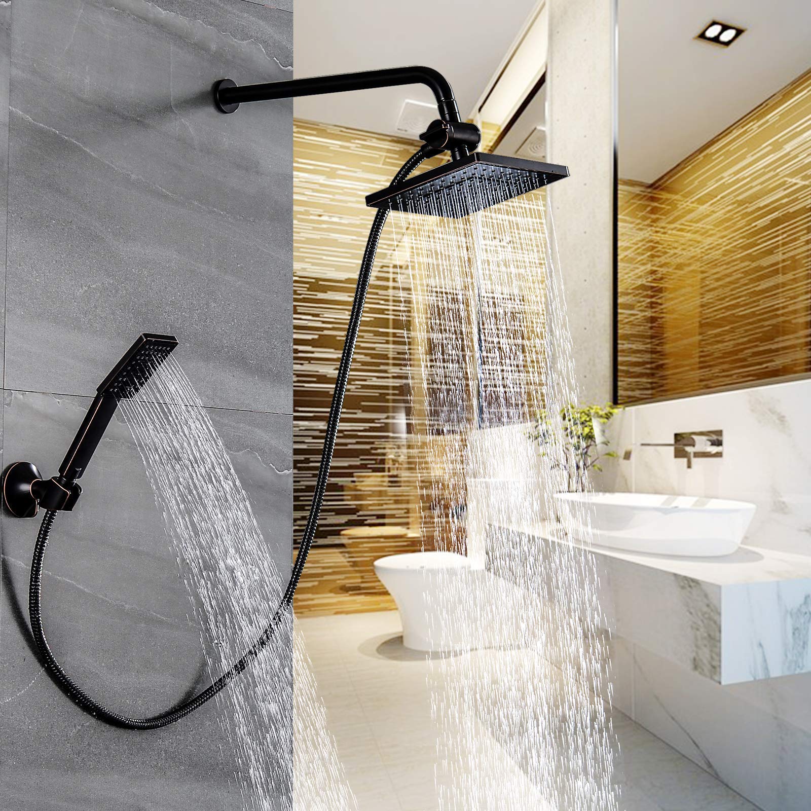BRIGHT SHOWERS 5 Inch Rain Shower Head with Handheld Spray Combo - Oil Rubbed Bronze Finish, Includes Wall Mount Bracket, 6 Inch Brass Shower Arm & Flexible Hose for Luxurious Bathroom Upgrade (Perfect for Master Bath, Spa-Like Experience & Water Saving)