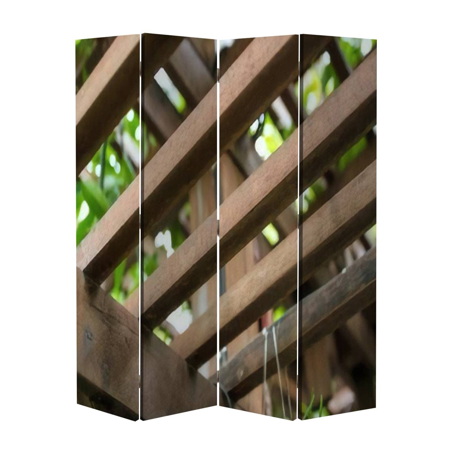 Brown Wood Screen Room Divider - 4 Panel Folding Privacy Partition with Spaced Lath Roof for Hanging Plants | Indoor Wall Divider & Display Shelves for Home, Office, and Studio Decor