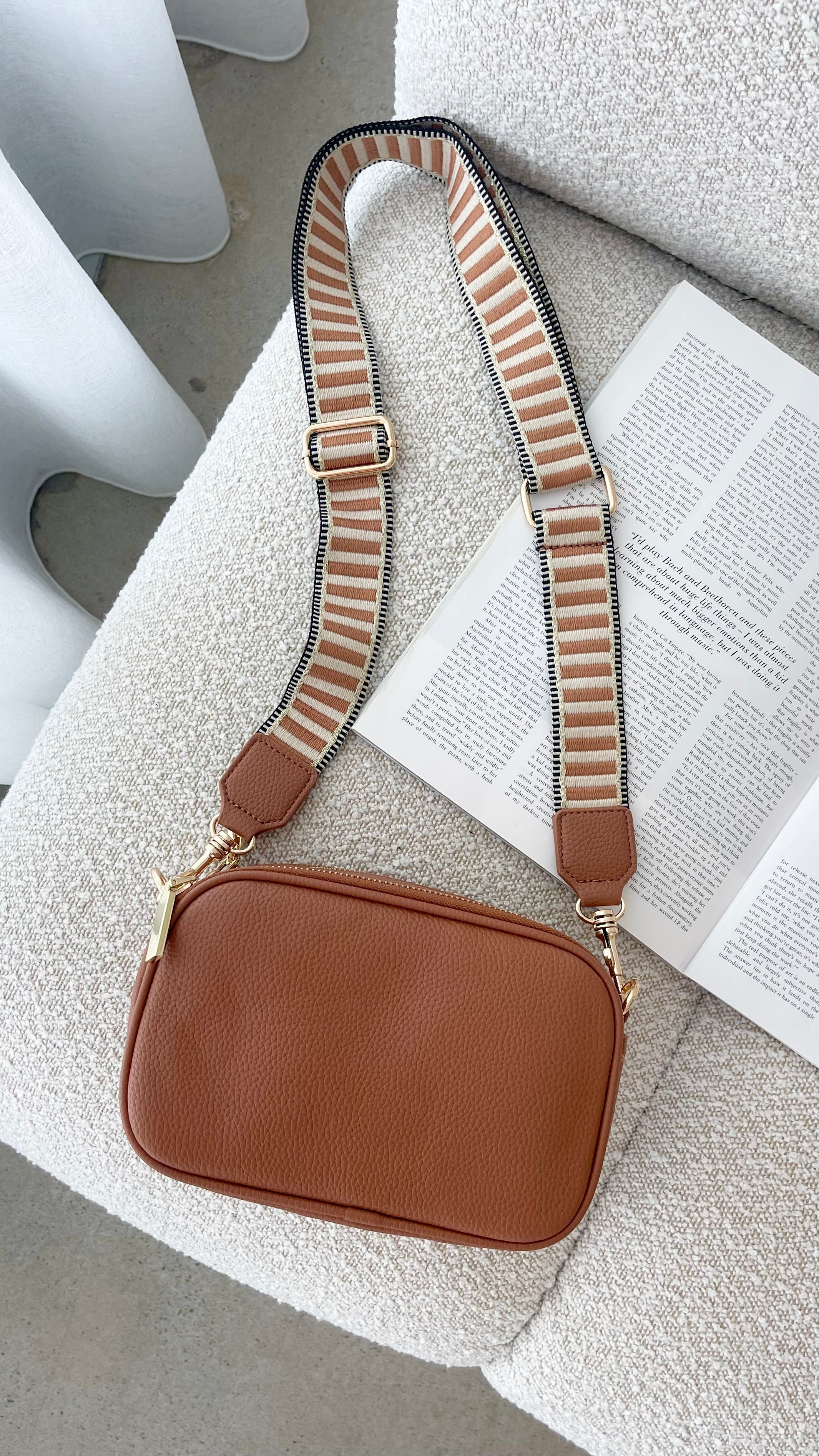 Bella Striped Webbing Camera Bag Tan - Stylish DSLR/SLR Camera Case for Travel & Photography Enthusiasts