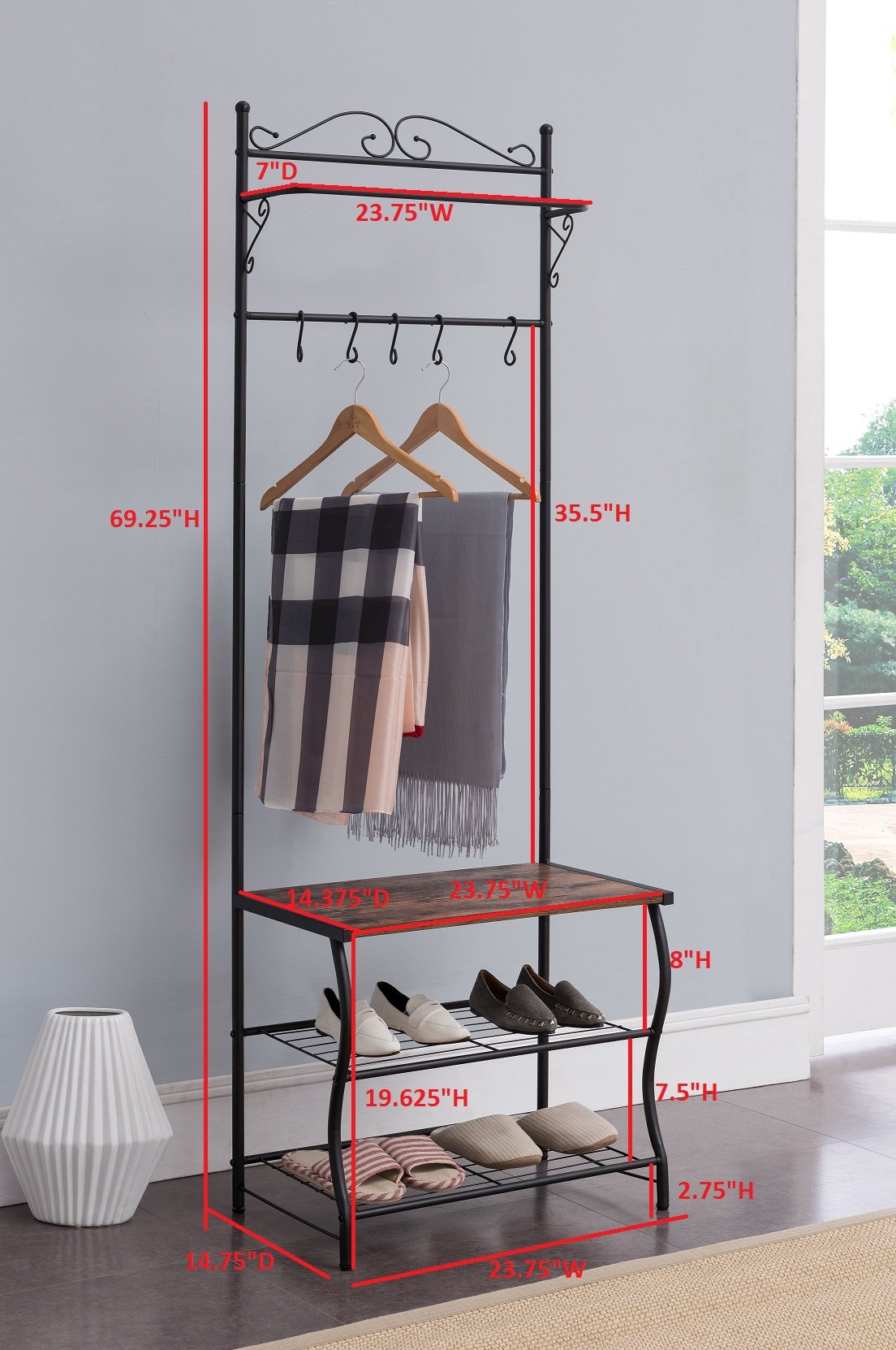Kings Brand Furniture - Entryway Shoe Bench with Coat Rack & Storage Organizer | Hall Tree with Hooks for Shoes, Jackets & Bags | Perfect for Mudroom, Foyer & Small Space Organization