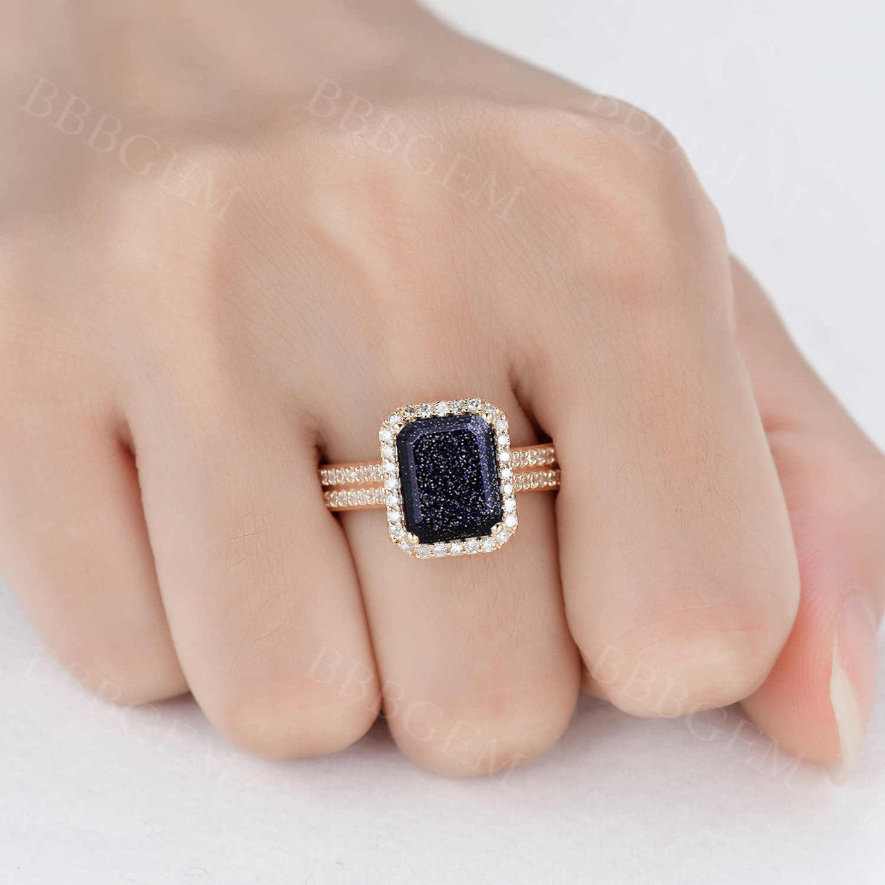 8x10mm Emerald Cut Yellow Gold Blue Sandstone Diamond Halo Ring for Women - Elegant Wedding, Engagement & Anniversary Jewelry Gift