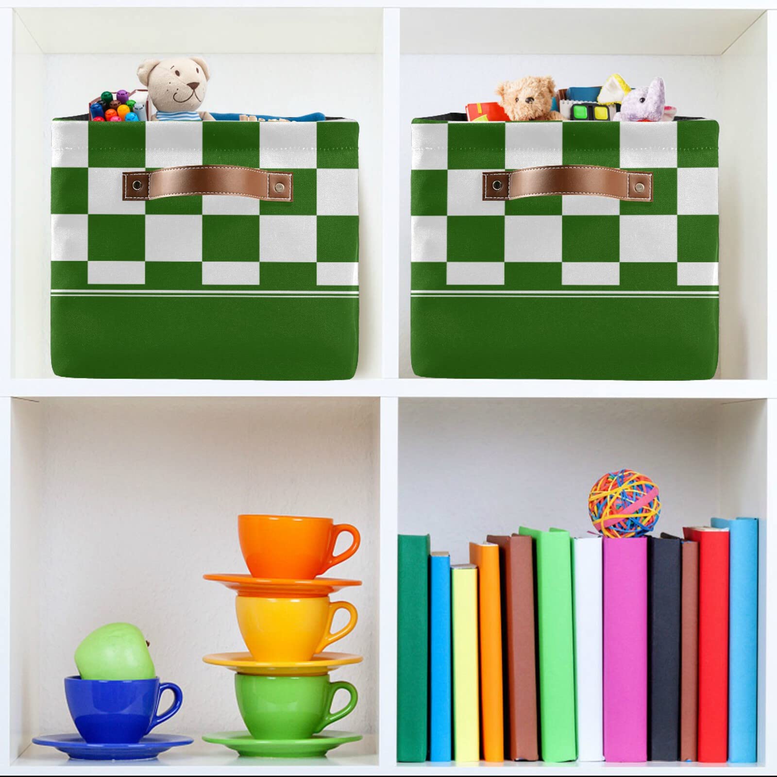 Checkerboard White Green Plaid Storage Basket - Collapsible Rectangular Bin with Leather Handles - Nursery, Closet & Home Organization - Perfect for Baby Clothes, Toys & Blanket Storage