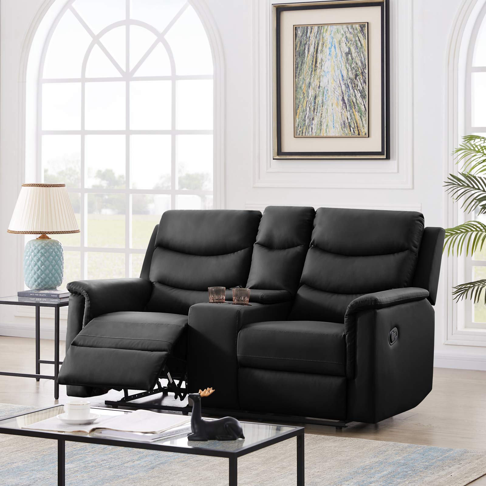 Modern PU Leather Reclining Loveseat Sofa with Console & Cup Holders - 2-Seater Recliner Chair for Living Room, Theater, RV - Adjustable Backrest & Comfortable Seating for Relaxation & Entertainment