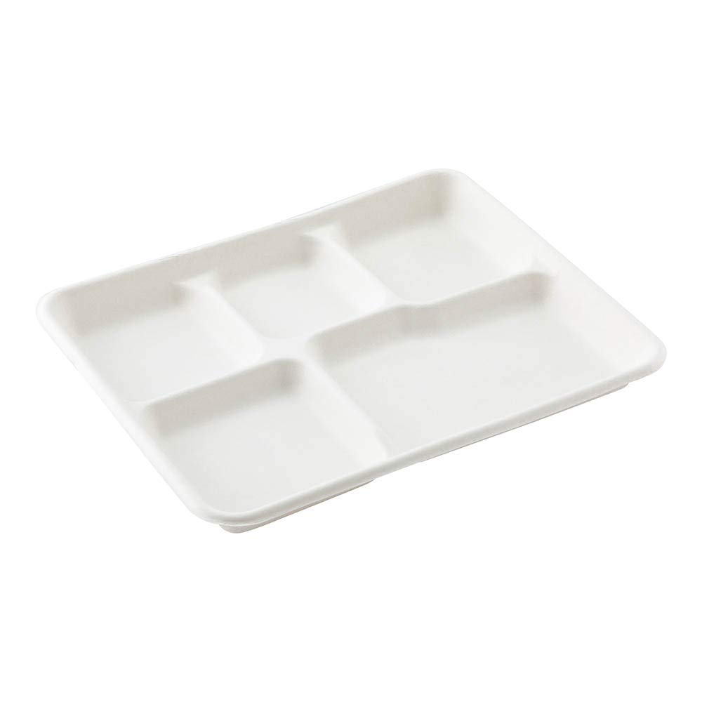 Restaurantware 100-Pack White Bagasse Disposable Plates - 5-Compartment Rectangular Microwavable Plates for Salads, Meals & Takeout | Eco-Friendly Pulp Tek Ounce Plates (Lids Sold Separately) | Perfect for Catering, Parties & Food Service