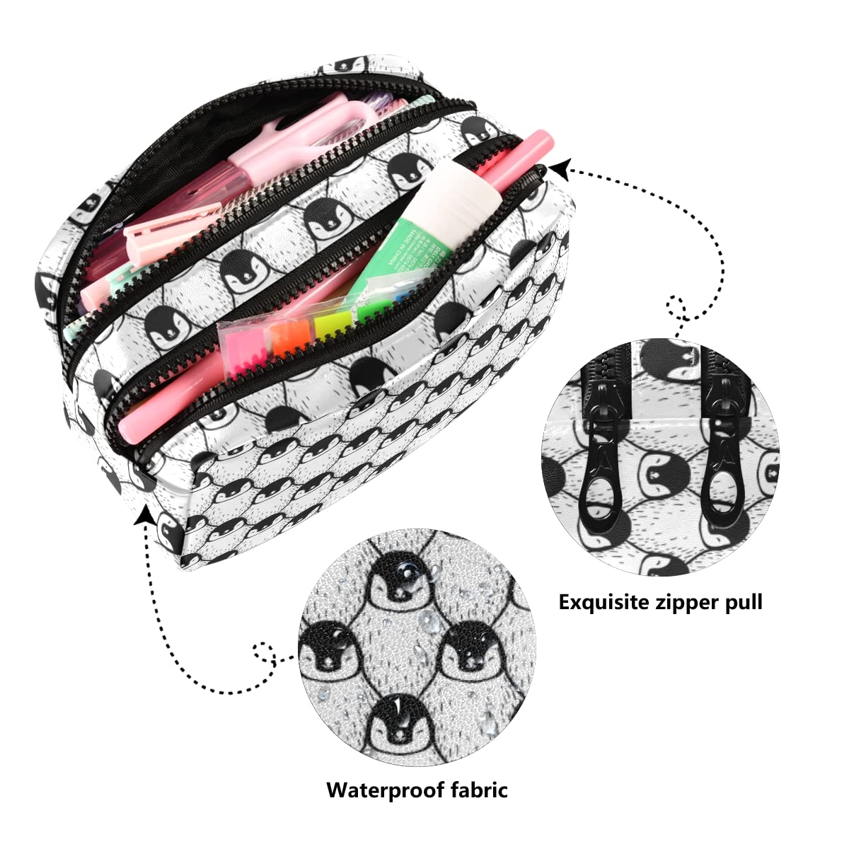 Cute Penguin Print Leather Pencil Case with Zipper - 2 Compartment Pen Pouch for Women & Girls, Makeup Bag & Toiletry Organizer - Perfect for School, Office, Travel & Daily Essentials Storage