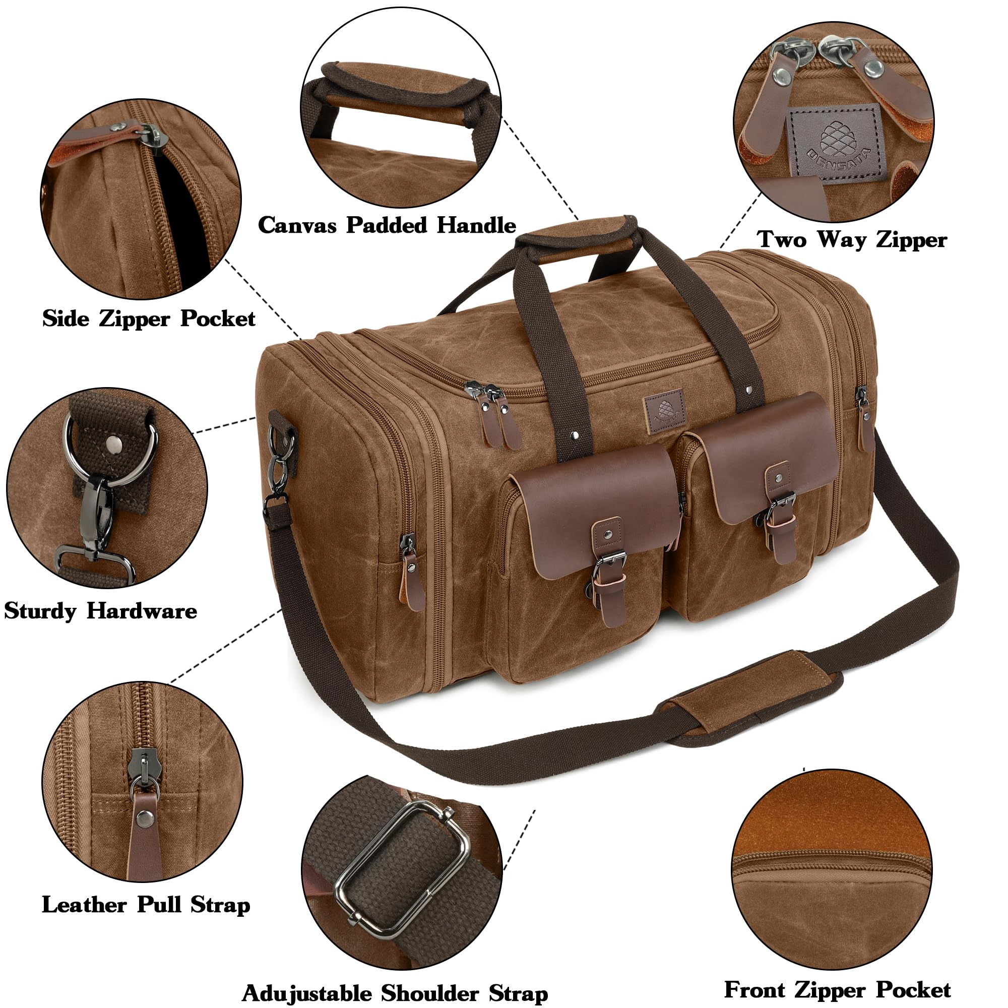 Vintage Dark Brown Expandable 60L Canvas Duffle Bag for Men - Genuine Leather Travel Duffel with Two Zipper Pockets - Perfect for Overnight Trips, Weekend Getaways & Carry-On Luggage (X-Large)