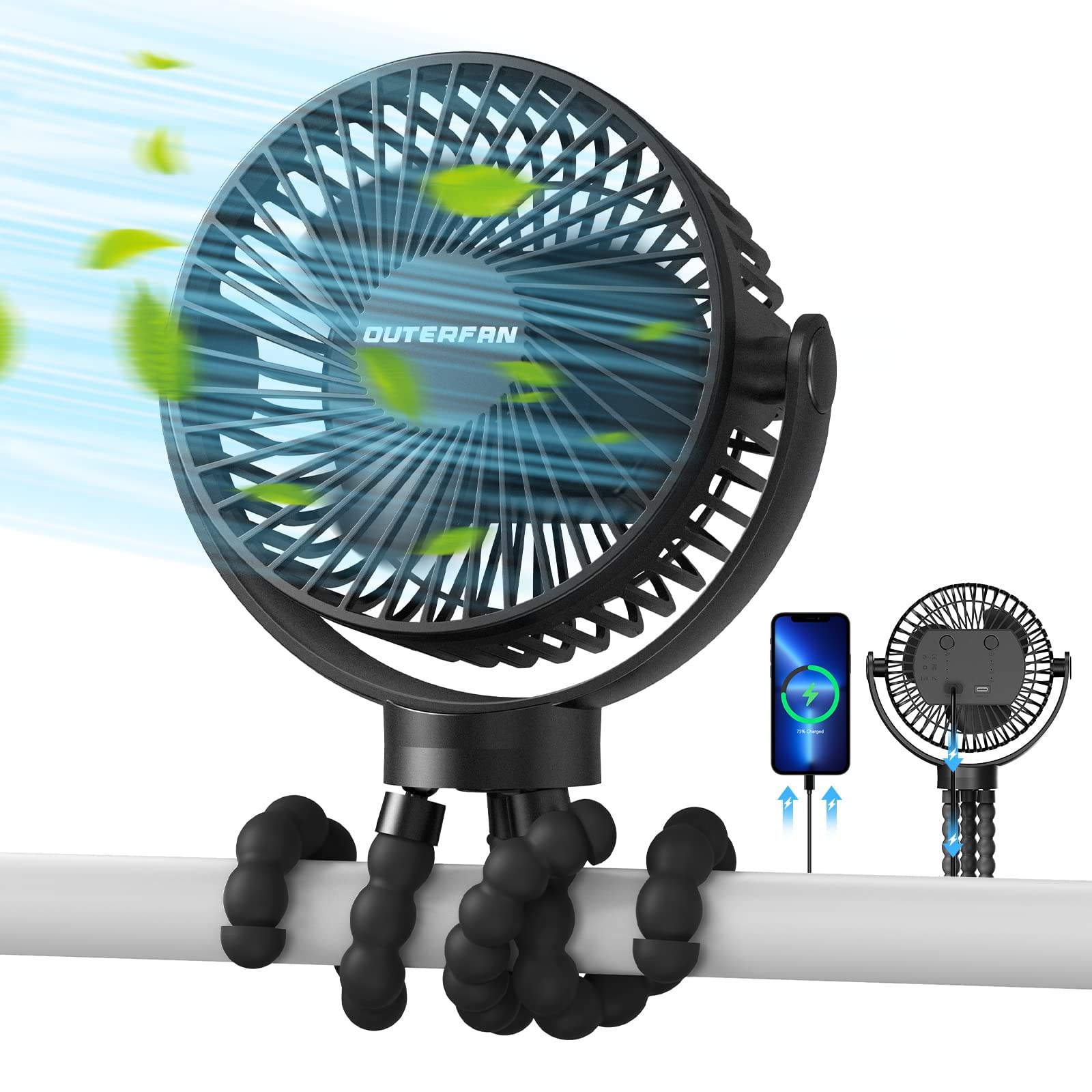 Portable Fan with 12000mAh Battery - 60Hrs Runtime, USB Rechargeable, Clip-On Stroller Fan for Baby, Travel, Car Seat & Peloton | Personal Handheld Desk Fan for Bedroom, Office & Camping | Compact Cooling Solution for Home, Work & Outdoor Adventures