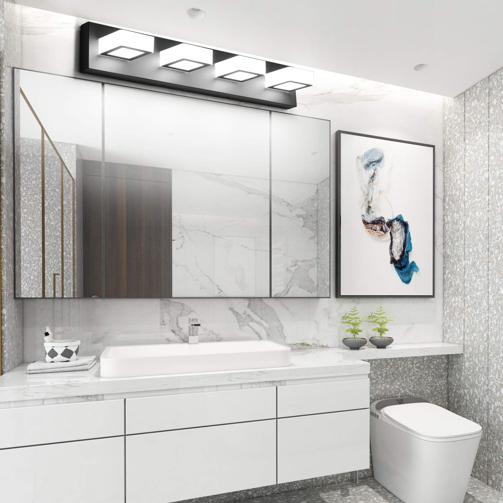 Ralbay Black Dimmable 4-Light LED Vanity Light - Modern Stainless Steel & Acrylic 360° Rotatable Bathroom Lighting Fixture for Mirror - Perfect for Powder Rooms, Master Baths & Spa-Like Vanity Areas