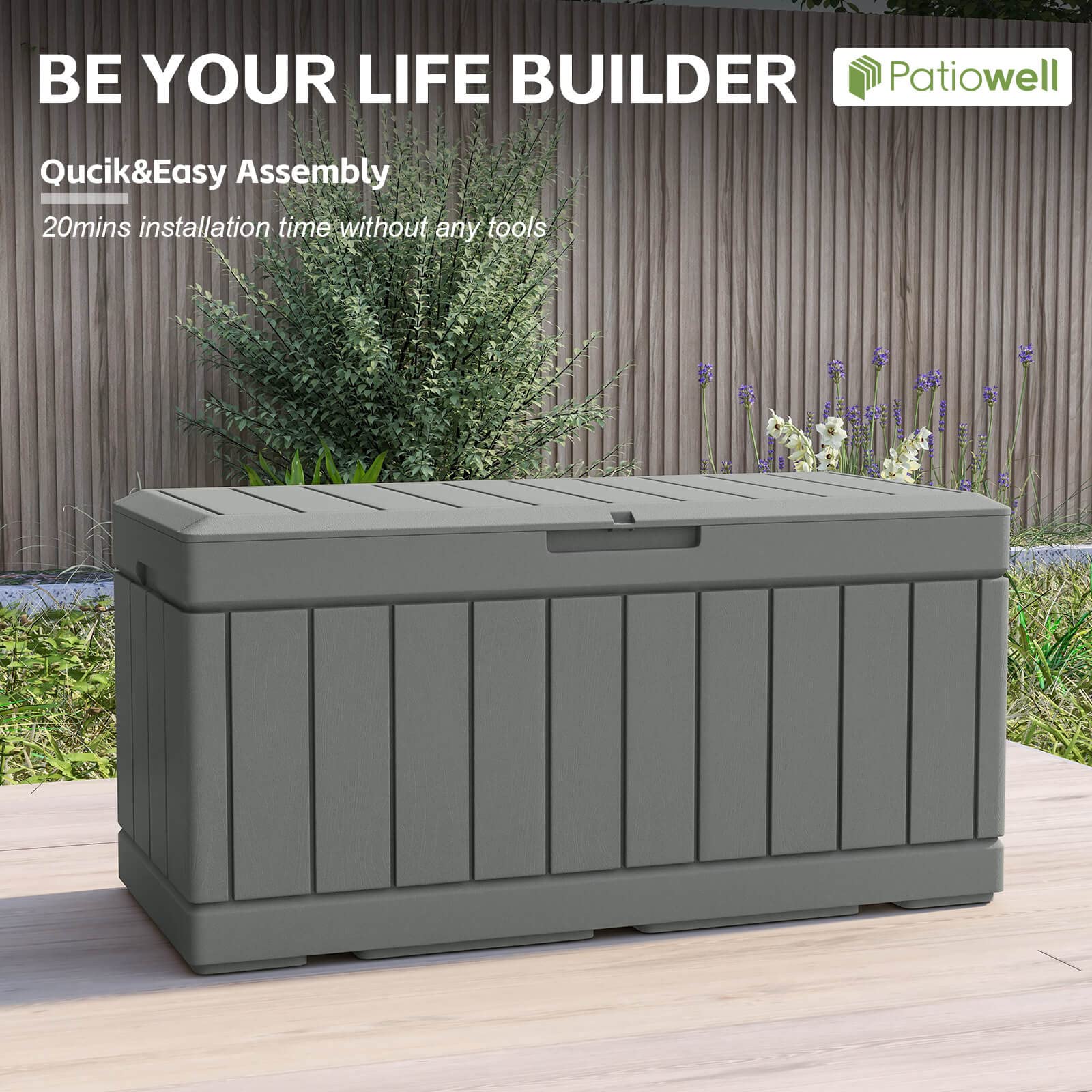 Patiowell 82 Gallon Resin Deck Box - Waterproof Large Outdoor Storage Container with Wood Look Finish for Patio Furniture, Pool Toys, Garden Tools & Sports Equipment | Lockable Grey Deck Box for Backyard, Poolside & Garage Organization