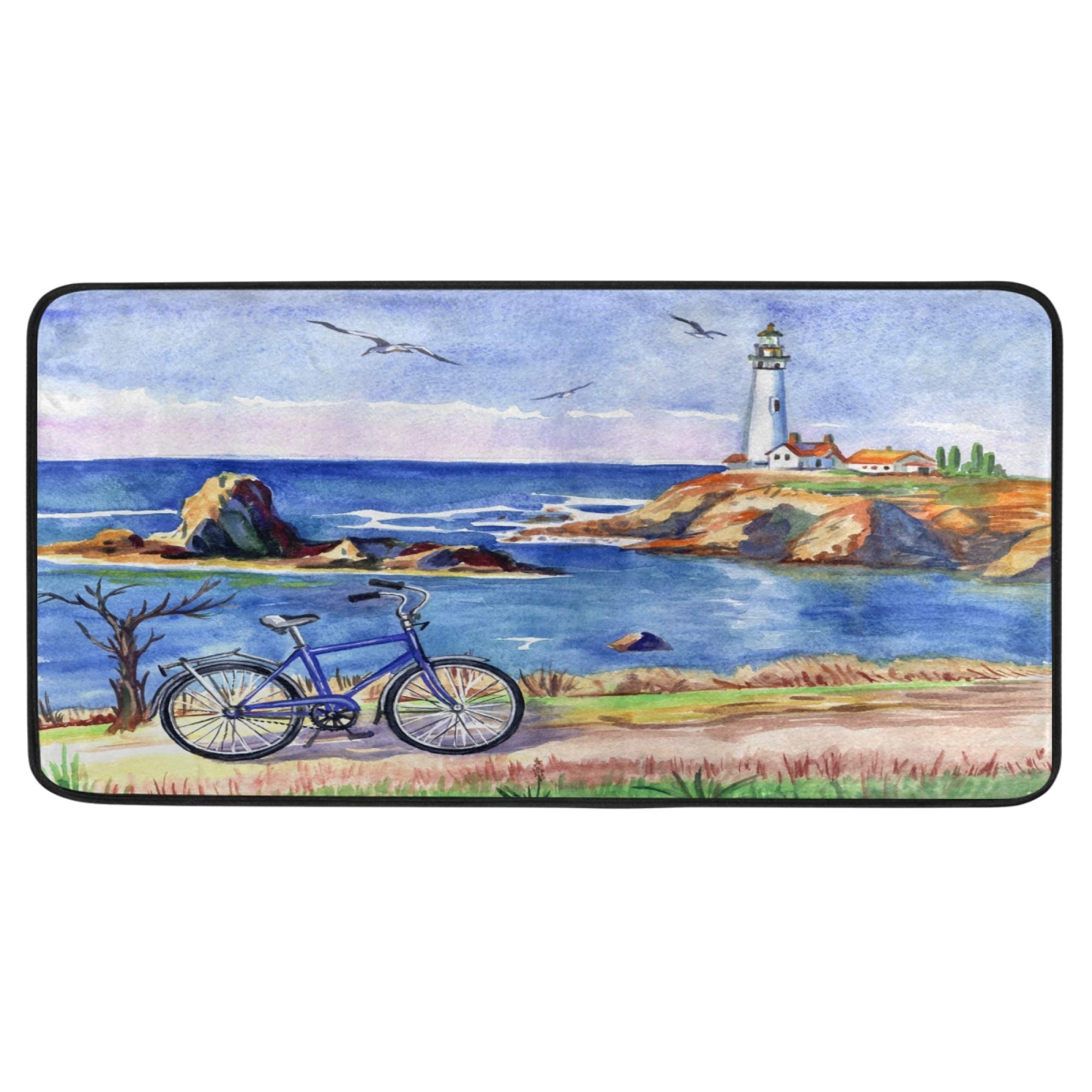 Non-Slip Kitchen Floor Mat with Ocean Beach Seagull & Lighthouse Design - 39