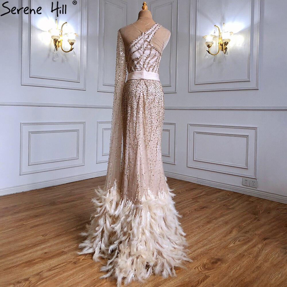 Elegant Gold One Shoulder Mermaid Evening Dress with Feather & Beaded Details - Luxury Women's Party Gown for Prom, Wedding & Special Occasions - Serene Hill LA71096