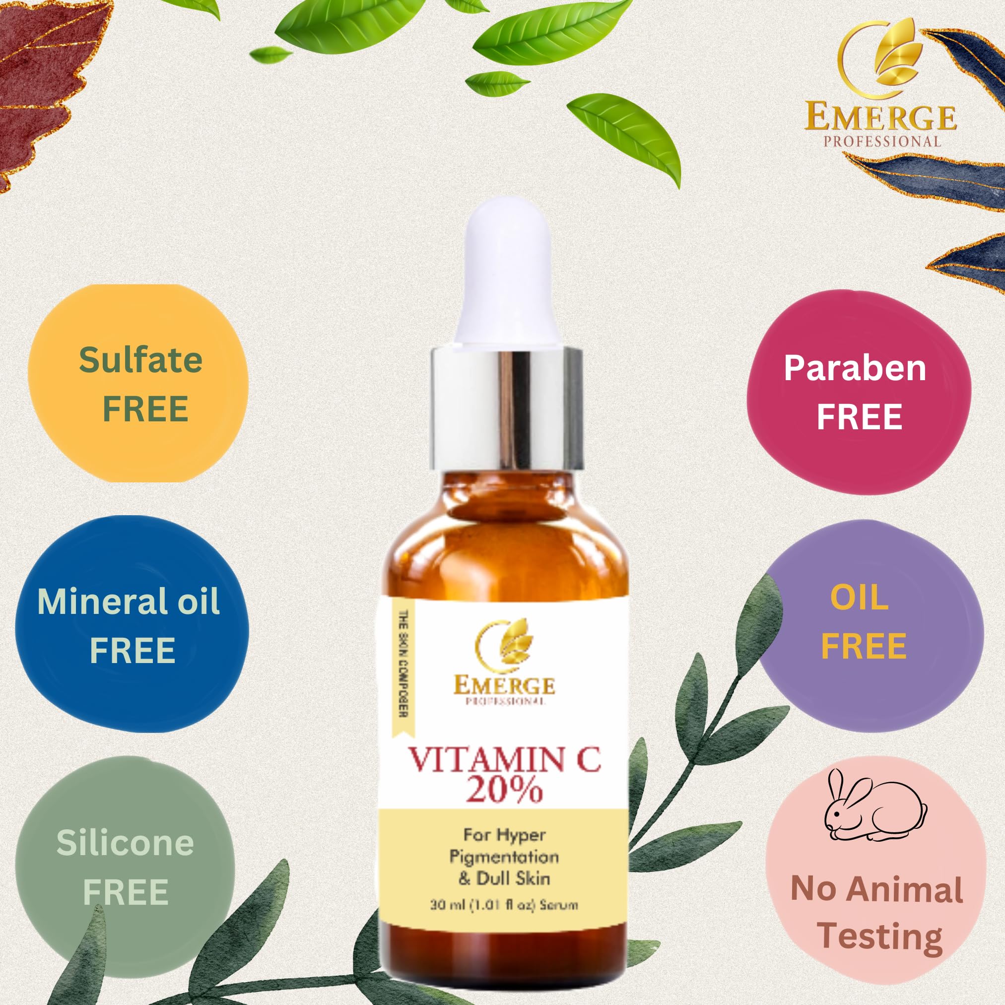 EMERGE Professional 20% Vitamin C Face Serum - Anti-Aging, UV Protection & Skin Repair Concentrated Formula for Youthful Skin | Daily Skincare Routine, Morning & Night Use for Brighter Complexion