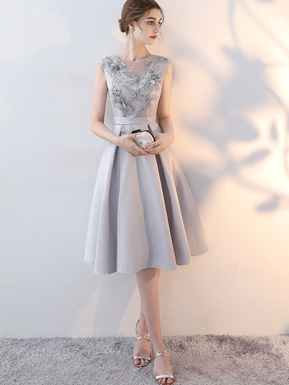 Elegant Gray Blue Fit & Flare Party Dress with Applique Embroidery - Perfect for Weddings, Cocktail Parties & Special Occasions