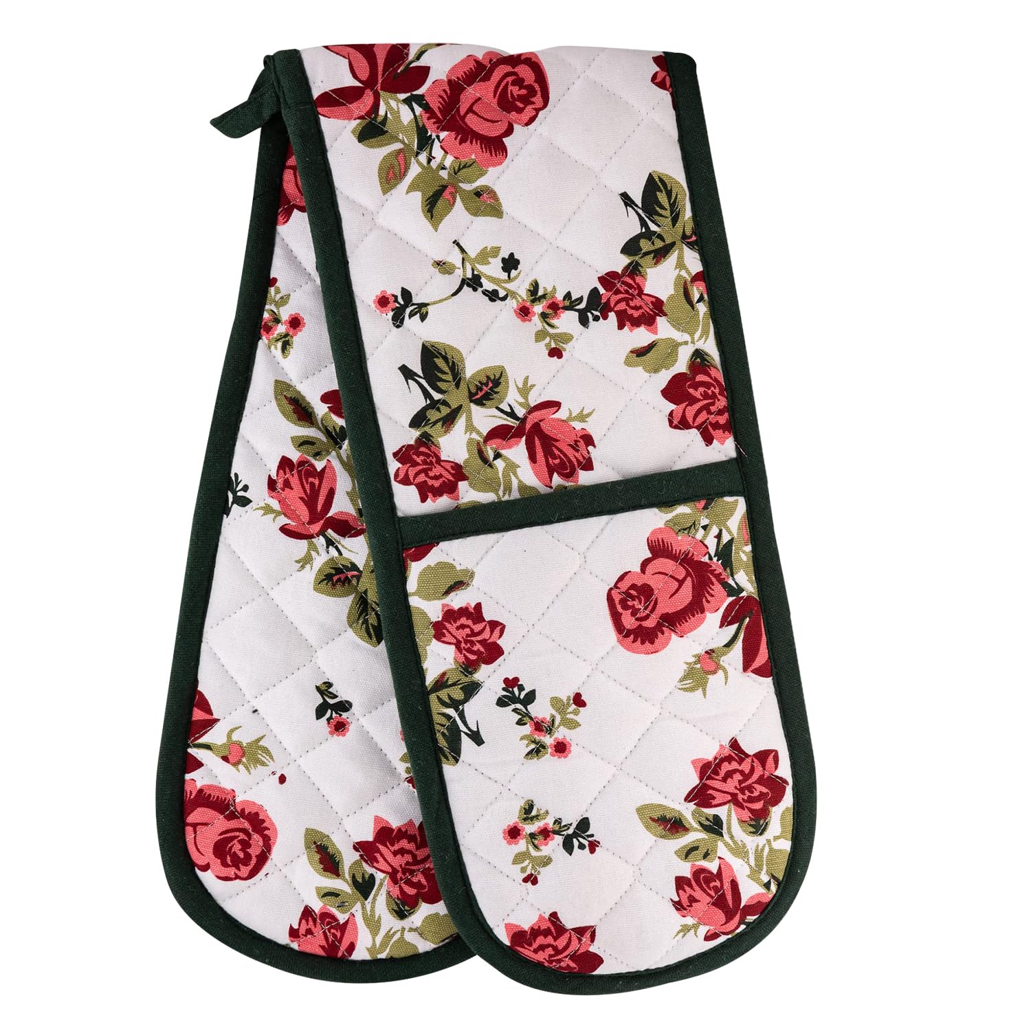 Heat Resistant Double Oven Mitts - Extra Long & Thick Quilted Cotton Gloves with Pretty Red Rose Pattern - Perfect for BBQ, Baking, Cooking & Kitchen Safety (1 Piece)