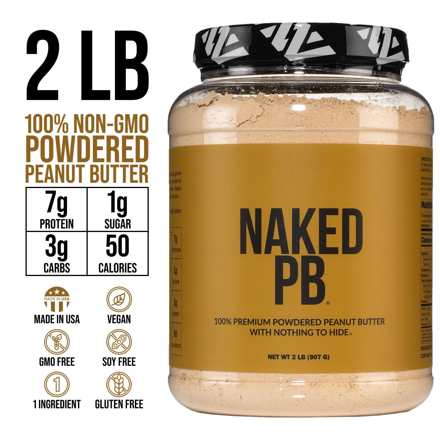 2 LB Powdered Peanut Butter from US Farms – All Natural, Single Ingredient (Roasted Peanuts), Vegan, No Additives, Preservatives or Sweeteners - 76 Servings - NAKED PB - Perfect for Smoothies, Baking & Healthy Snacks