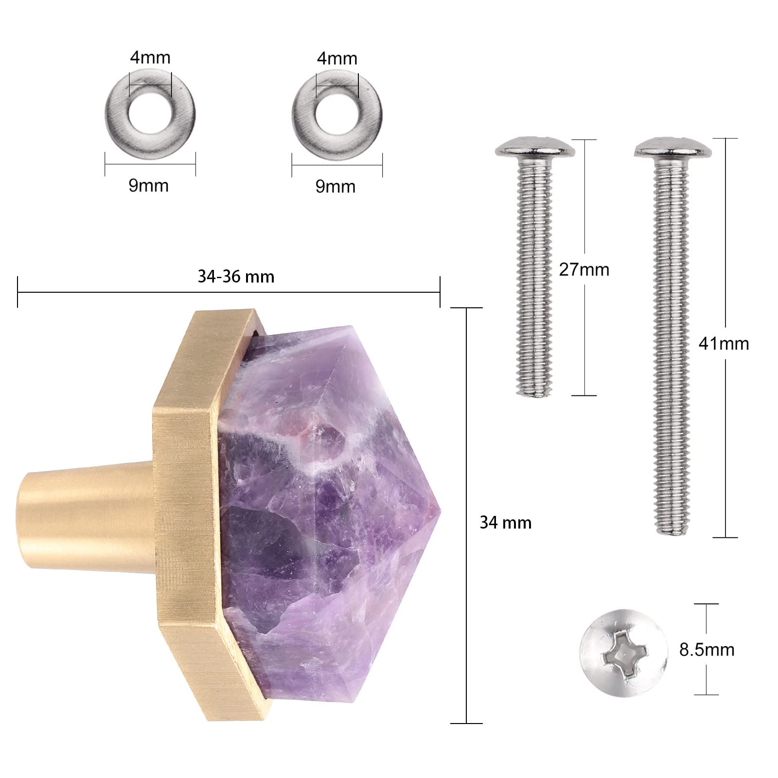 Set of 2 Amethyst Hexagon Drawer Knobs with Screws - Natural Stone Cabinet Handles for Dresser, Kitchen Cupboard & Furniture Hardware | Elegant Home Decor Upgrade for Bedroom, Bathroom & Office