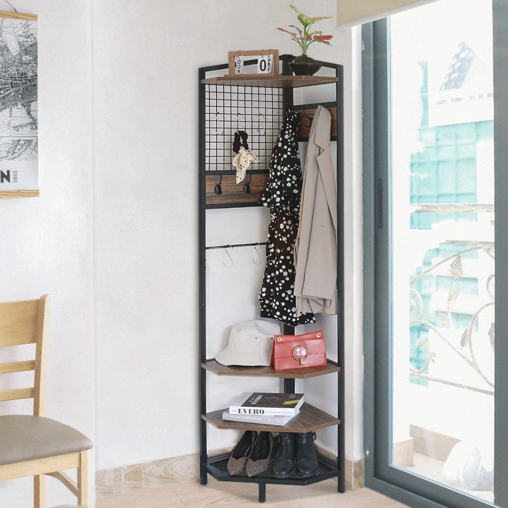 Corner Hall Tree with Coat Rack, Shoe Storage & Shelf - Freestanding Entryway Organizer for Home & Office (Brown) | Perfect for Small Spaces, Apartments & Mudrooms