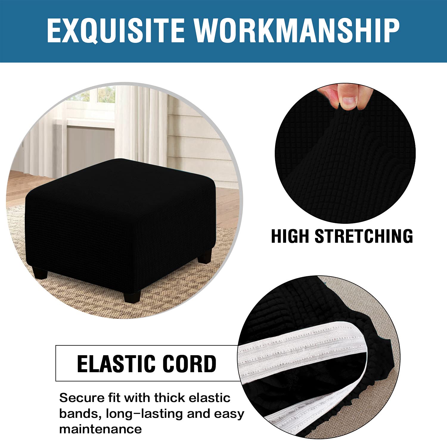XMNTG Stretch Ottoman Slipcover - Jacquard Small Checked Washable Square Folding Storage Stool Cover - Elastic Bottom Furniture Protector & Footrest (Black) - Perfect for Living Room, Bedroom, and Office Decor