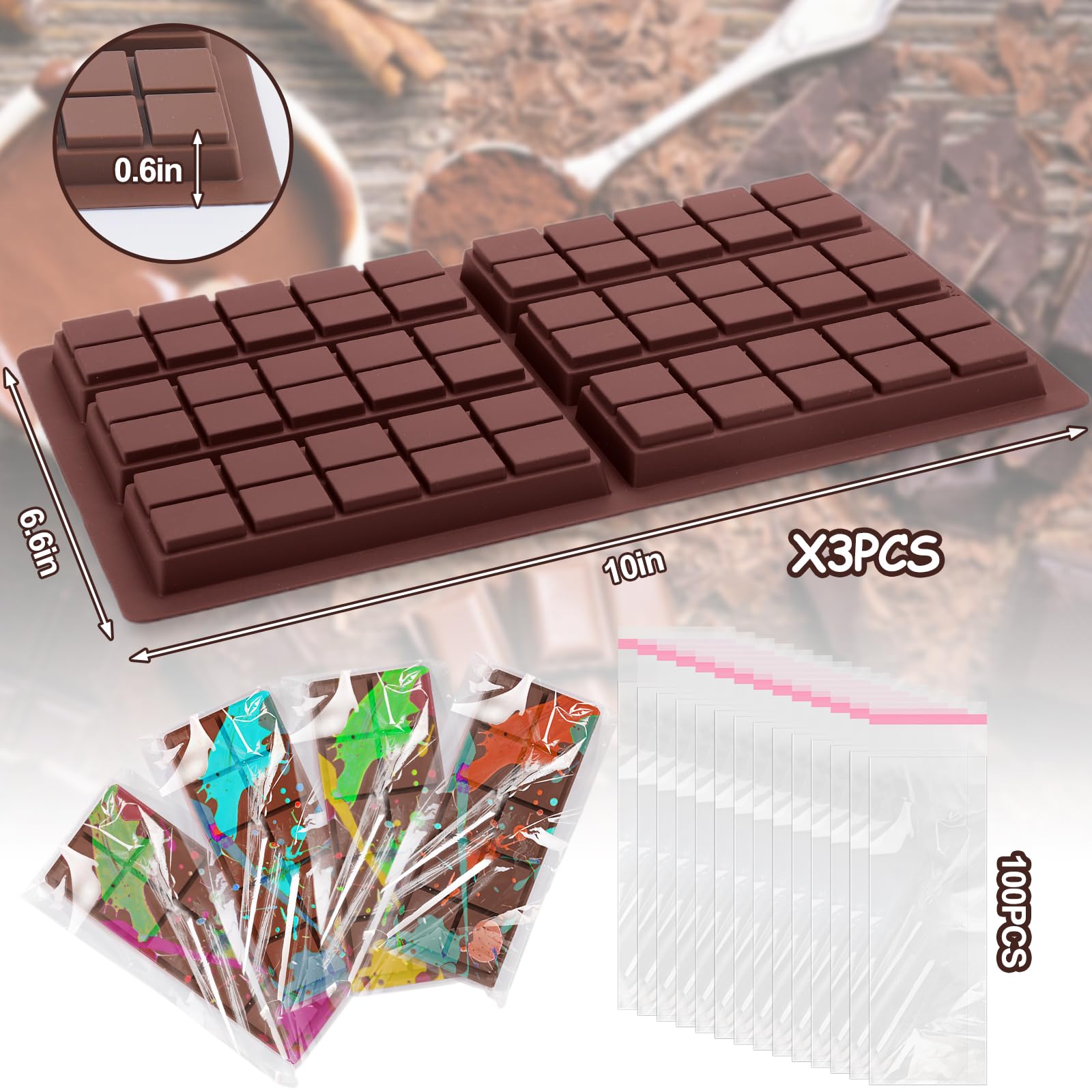 AIERSA 3-Pack Deep & Thick Silicone Chocolate Bar Molds - 10 Grids for Duubai, Pistachio, Knafeh Chocolate Bars & Candy Stuffed Bars | Perfect for Homemade Chocolates, Candy Making & Gift Packaging