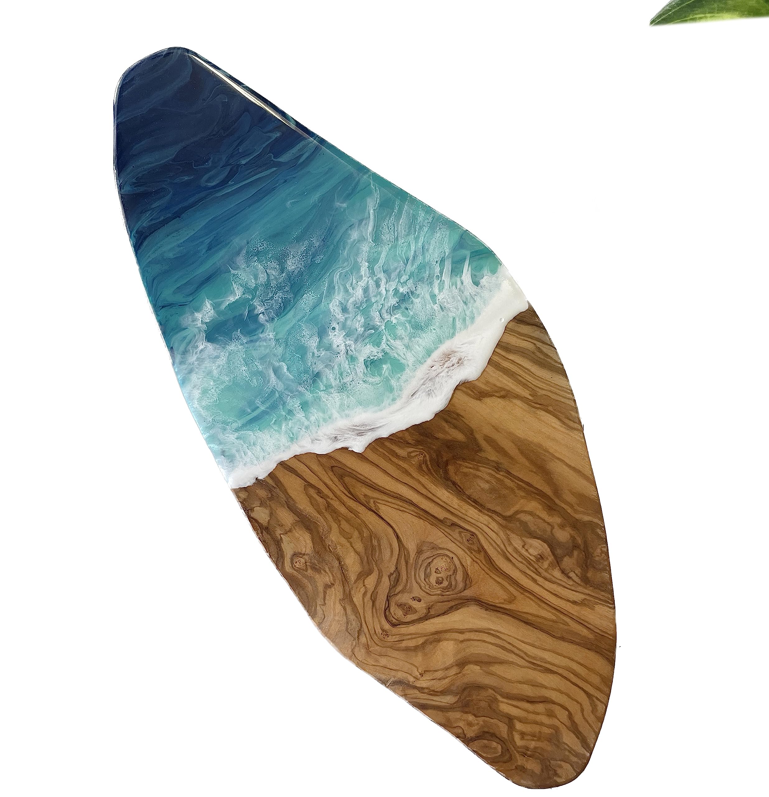 WLB Designs Coastal Serving Board - Olive Wood Charcuterie Tray with Ocean Wave Resin Design | Beach-Themed Cutting Board for Cheese & Charcuterie | Perfect Housewarming Gift & Coastal Kitchen Decor for Entertaining