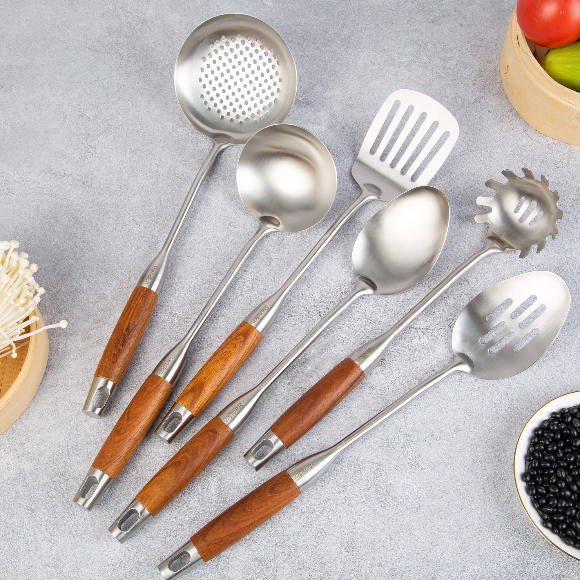 Premium 18/10 Stainless Steel Kitchen Utensils Set with Wooden Handle - 6-Piece Cooking Tools (15