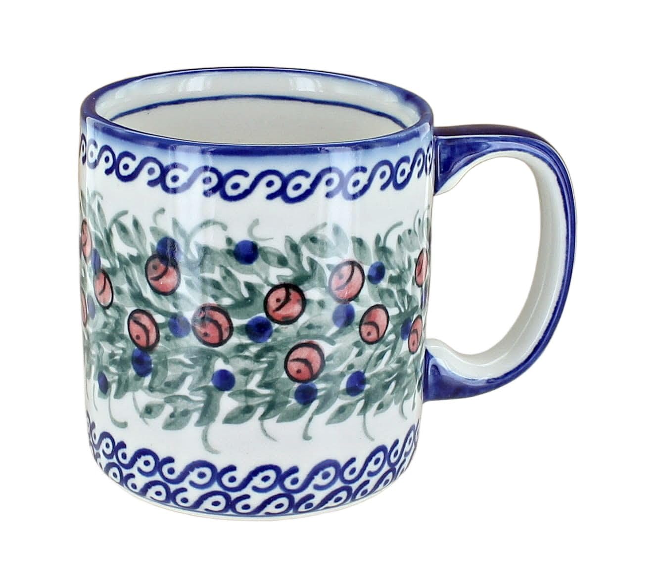 Handmade Blue Rose Polish Pottery Berry Coffee Mug - 12oz Ceramic Tea Cup with Handle, Perfect for Breakfast, Office & Gift Giving