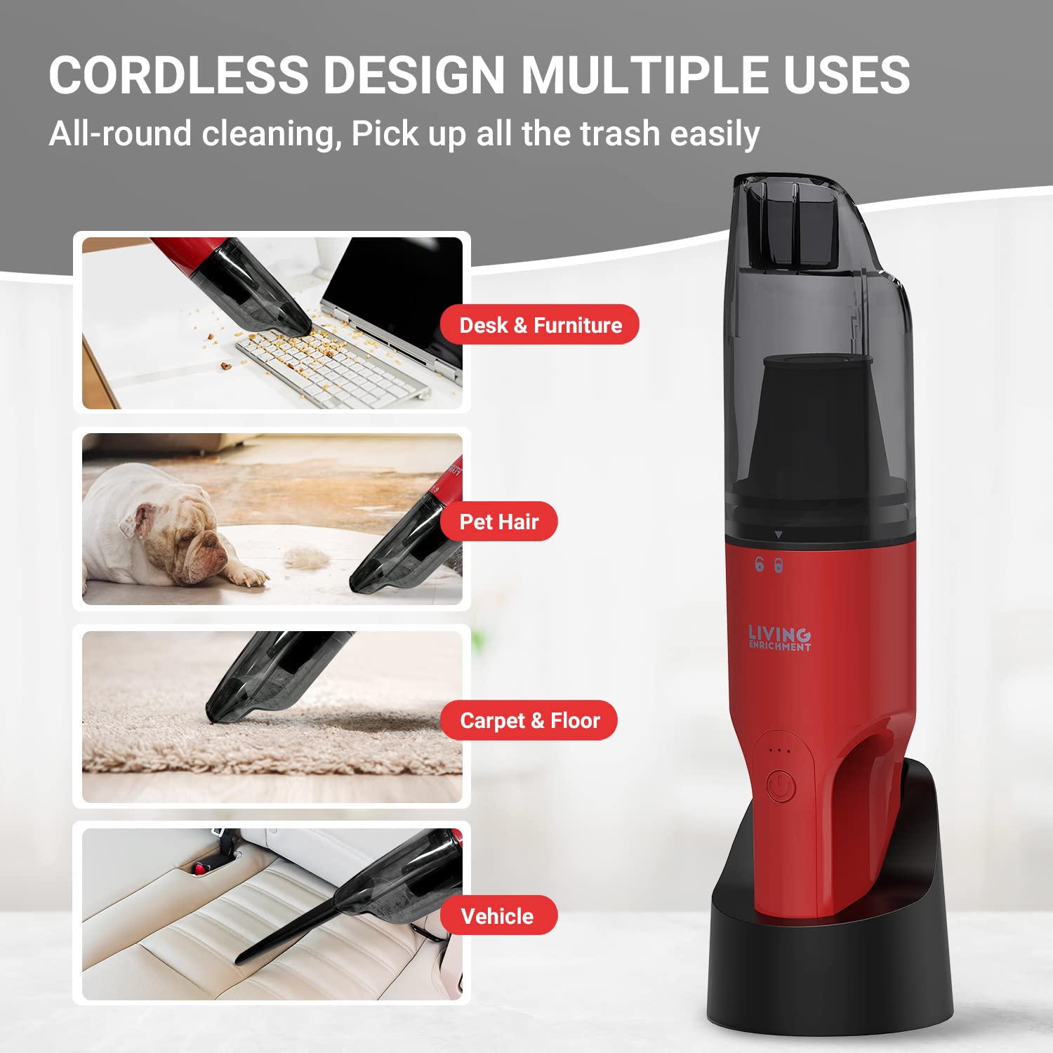 Rechargeable Handheld Vacuum Cleaner for Car & Home - Cordless Dust Buster with Powerful Suction, Crevice Nozzle & Cleaning Brush (Red) - Perfect for Pet Hair, Car Seats & Tight Spaces