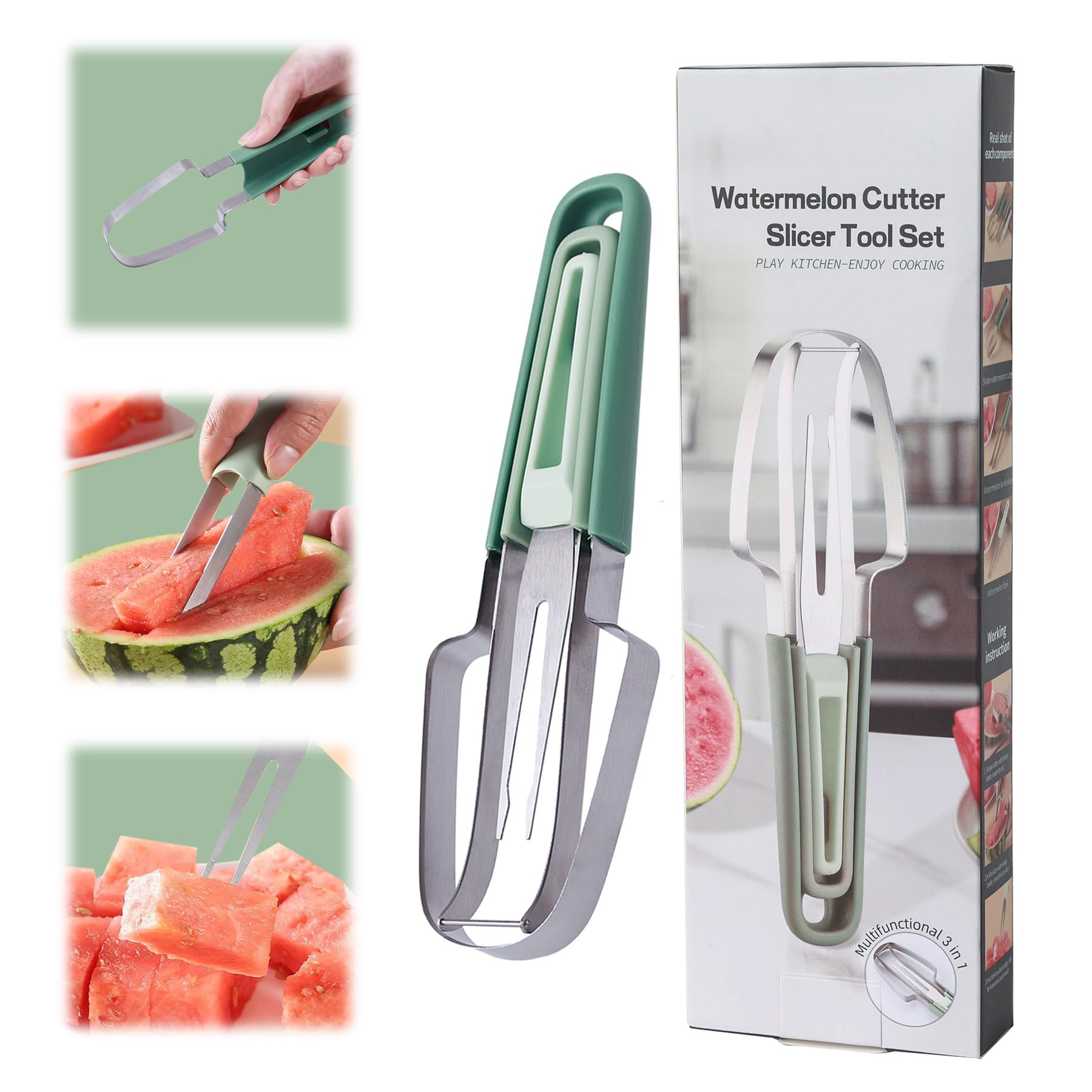 2024 New 3-in-1 Watermelon Fork Slicer Cutter - Stainless Steel Fruit Slicer Knife for Watermelon, Melons & Popsicles - Perfect for Camping, Picnics, BBQs & Kitchen Gadgets