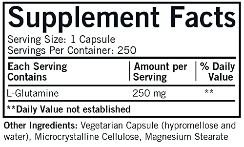 L-Glutamine 250mg Supplement - 250 Vegetarian Capsules | Hypoallergenic Amino Acid Powder | Gluten Free, Casein Free, Non-GMO | Supports Muscle Recovery, Gut Health & Immune System - Perfect for Athletes, Fitness Enthusiasts & Digestive Wellness
