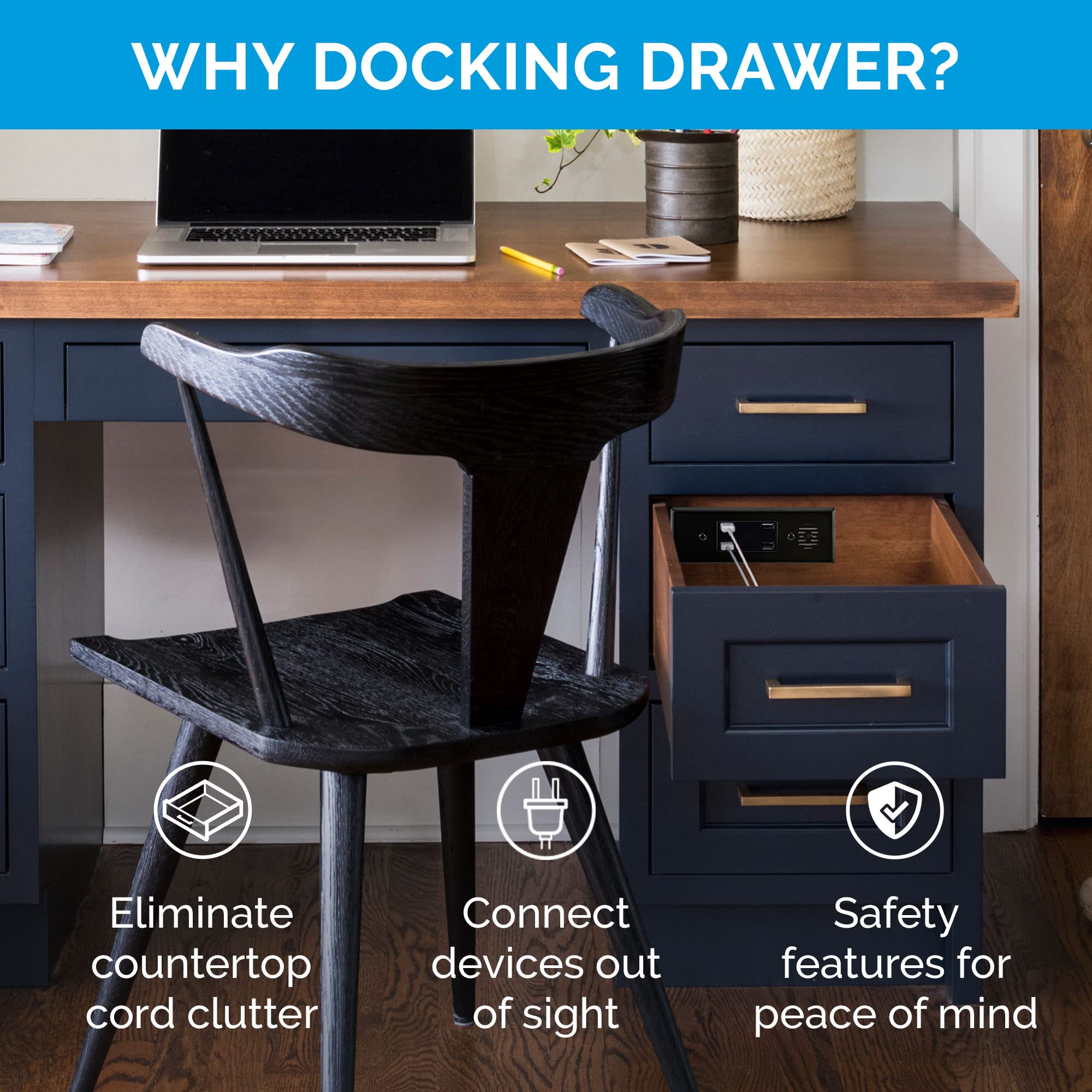 Docking Drawer Blade In-Drawer Outlet with Integrated Safety Shutoff - 4 USB-A Ports, White | Perfect for Kitchen, Office & Bedroom Organization