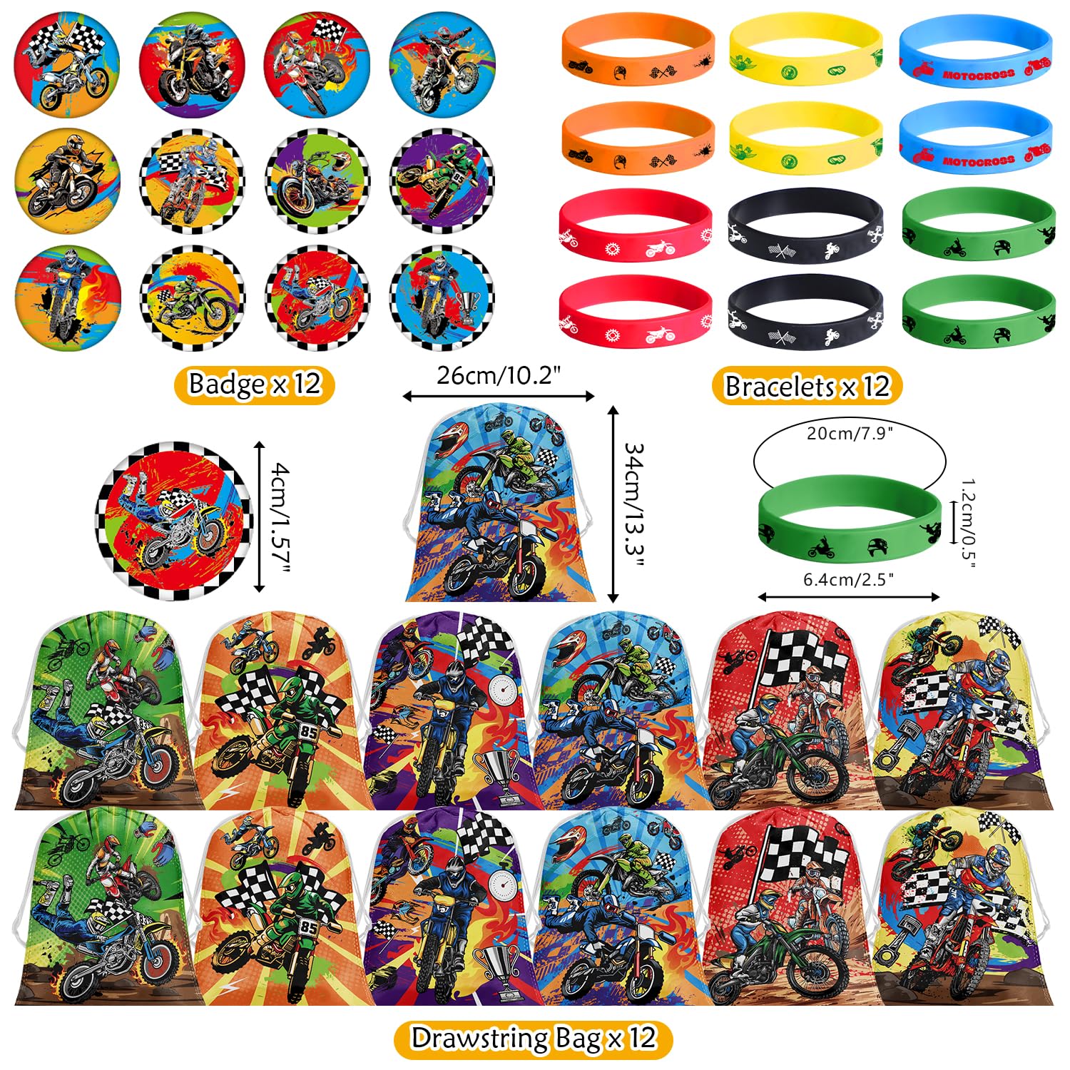 Dirt Bike Party Favor Supplies - Motorcycle Theme Motocross Drawstring Goodie Bags, Wristbands & Badges for Boys - Perfect for Kids Birthday Parties, Motocross Themed Events & Outdoor Adventure Celebrations