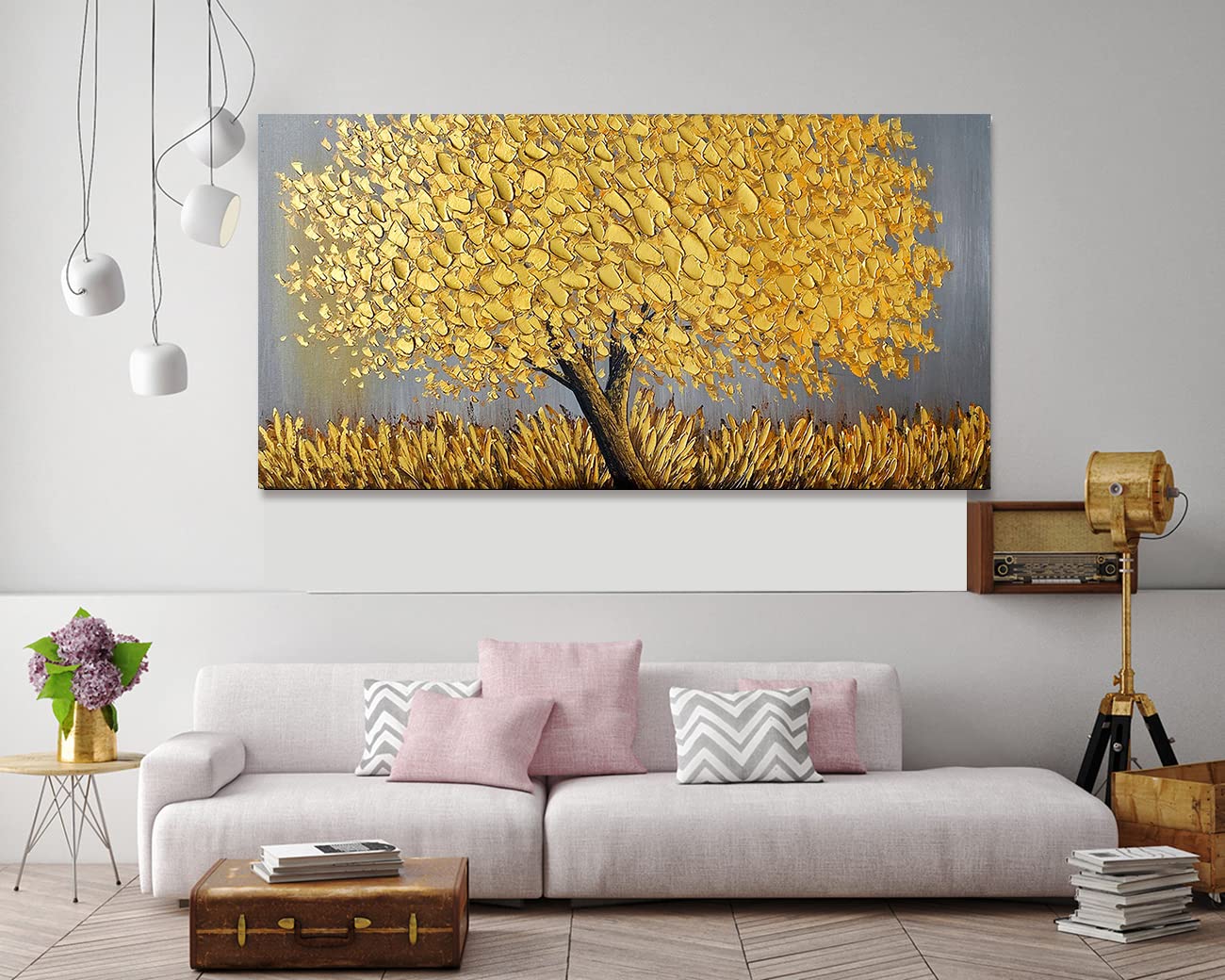 Faicai Art Thick Texture Gold Tree Oil Painting - 3D Palette Knife Canvas Artwork Wall Decor (24x48 Inches) Stretched & Ready to Hang - Perfect for Living Room, Bedroom, Office & Modern Interior Design