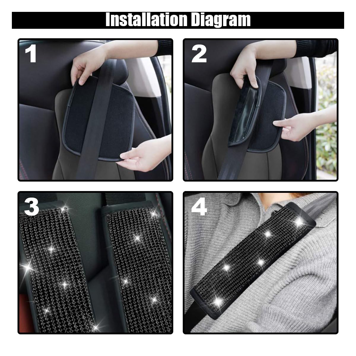 2PCS Rhinestone Car Seat Belt Shoulder Pads - Bling Crystal Diamond Seat Belt Covers for Women, Comfortable Car Seatbelt Strap Pads for SUV & Sedan - Perfect Car Interior Accessories for Daily Commute & Road Trips (Black Diamond)