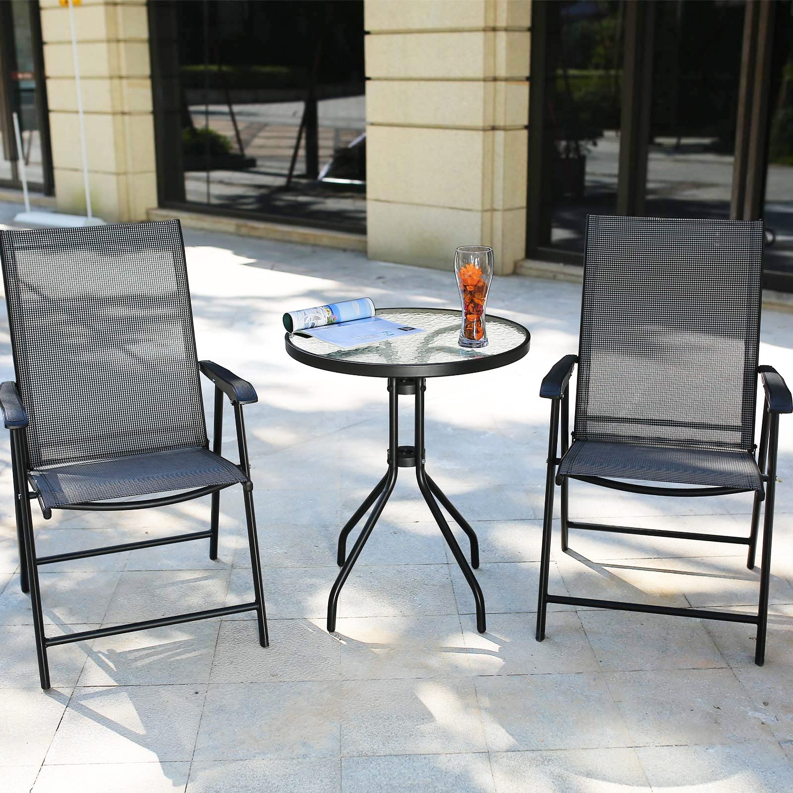 DIMAR GARDEN 24 Inch Black Metal Outdoor Side Table with Glass Top - Round Patio Coffee Table for Garden, Balcony & Poolside Decor
