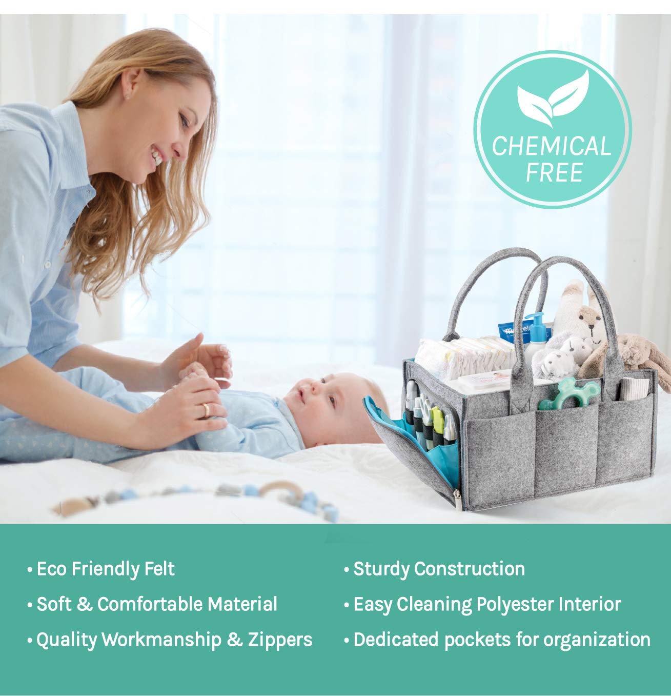 Premium Baby Diaper Caddy Organizer - Portable Nursery Storage Bin with Zipper Pocket | Heavy Duty 5mm Felt Craft & Car Seat Tote | Grey & Turquoise Baby Essentials Organizer for Nursery, Travel & On-the-Go Parents