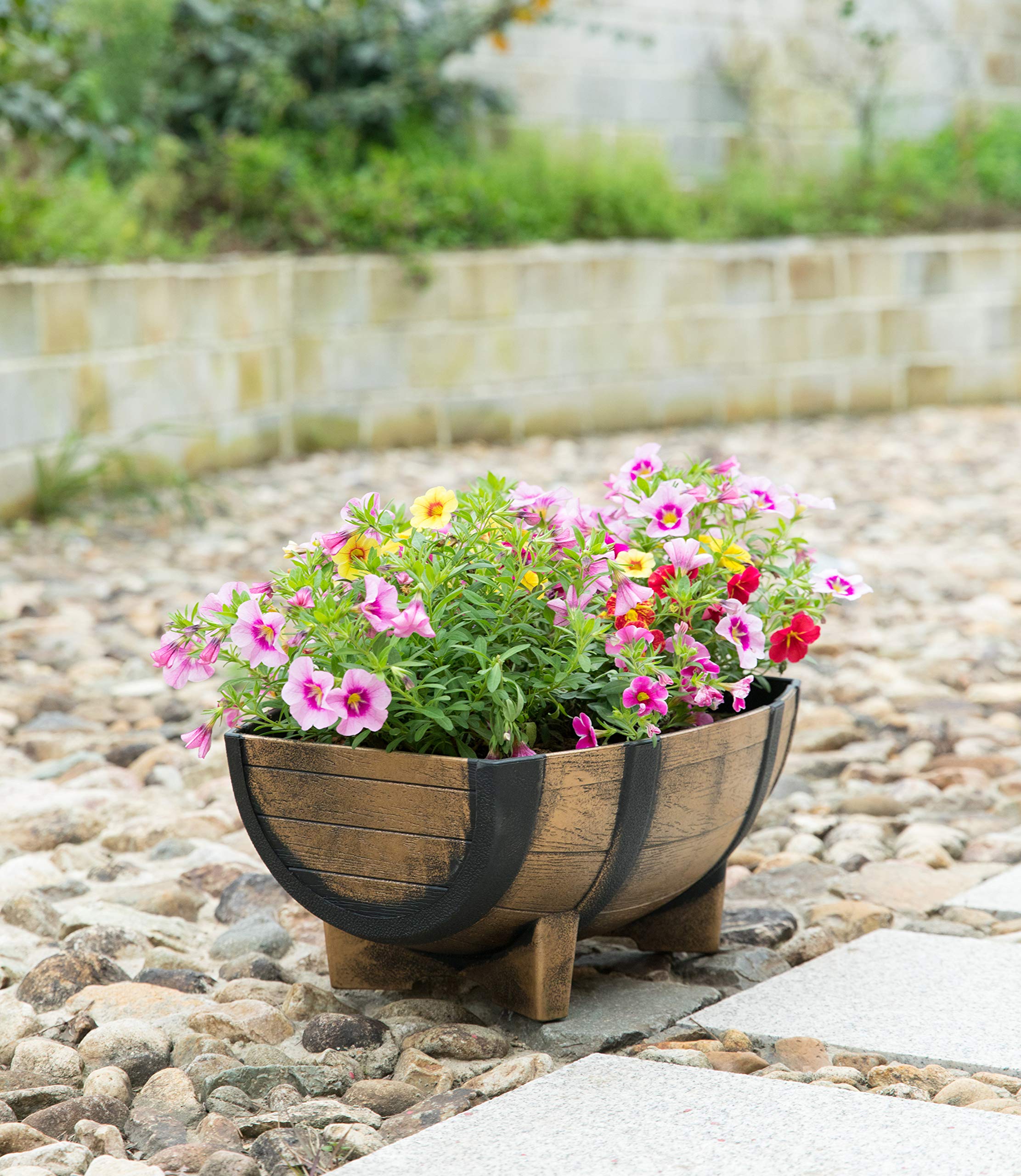 Set of 2 Rustic Wood-Look Plastic Half Barrel Planters - Outdoor Garden Flower Pots for Patio, Deck, and Backyard Decor
