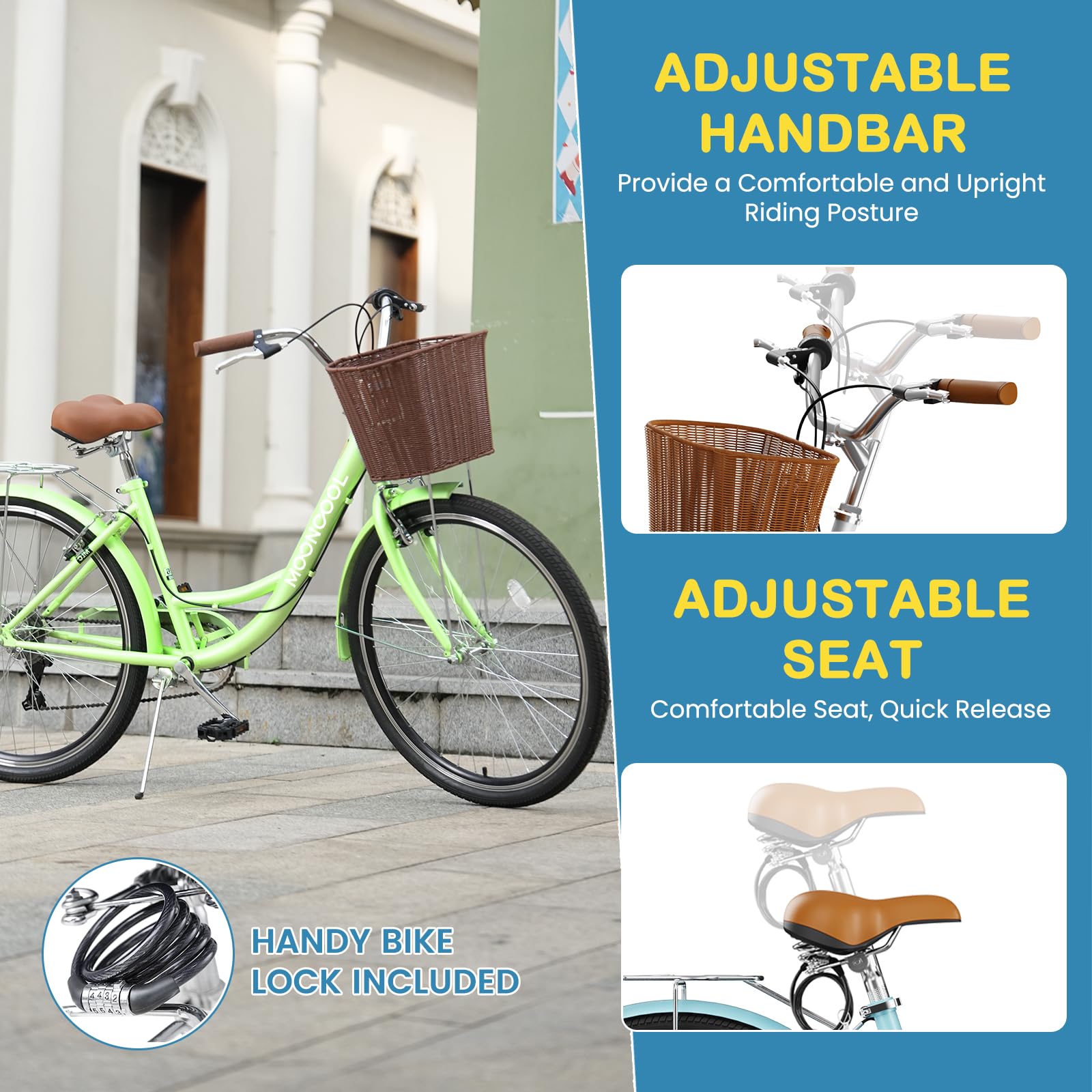 NAIZEA 7-Speed Women's Beach Cruiser Bike - 24 & 26 Inch Step-Through City Bicycle with Rattan Basket & Rear Rack - Comfortable Commuter Bike for Adult Women - Perfect for Beach Rides, City Commuting & Leisure Cycling