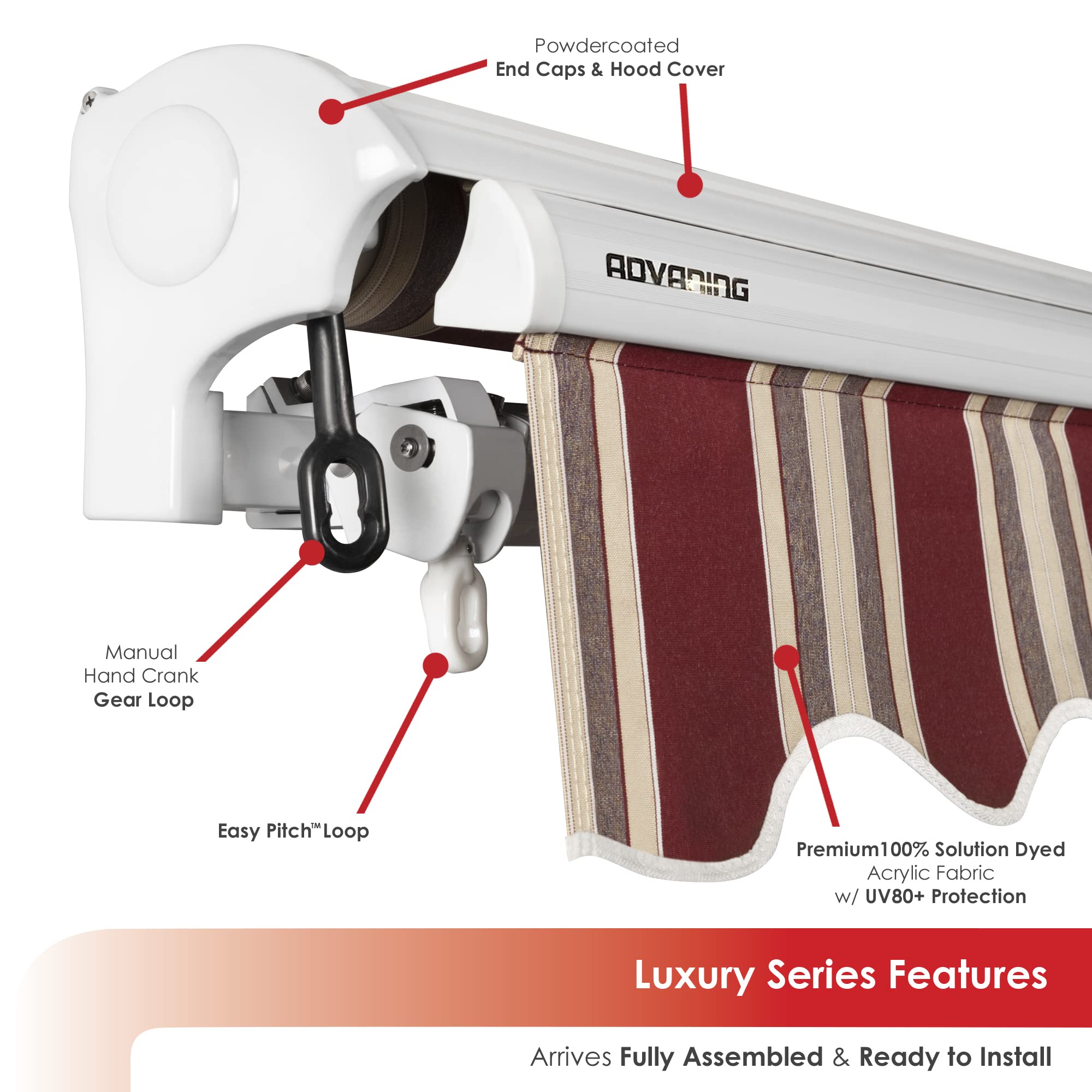 Premium Manual Retractable Patio Awning - 8' x 6' Brick Red & Sand Beige Stripes | 100% Solution Dyed European Acrylic | UV Protection & Easy Hand Crank | Perfect for Outdoor Shade, Deck, Garden & Backyard Relaxation
