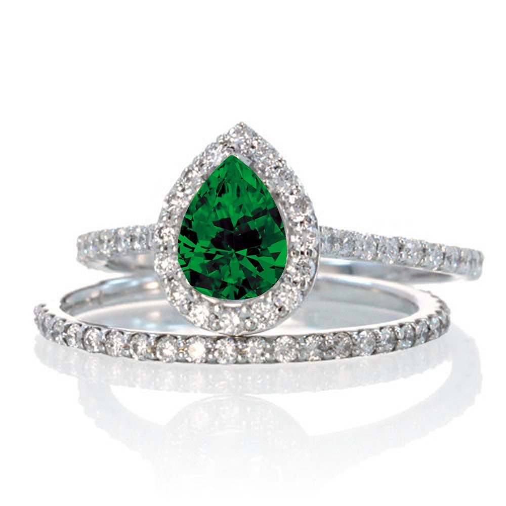2 Carat Pear Cut Emerald Halo Engagement Ring & Wedding Band Set in 10k White Gold for Women - Perfect for Proposals, Anniversaries & Bridal Jewelry