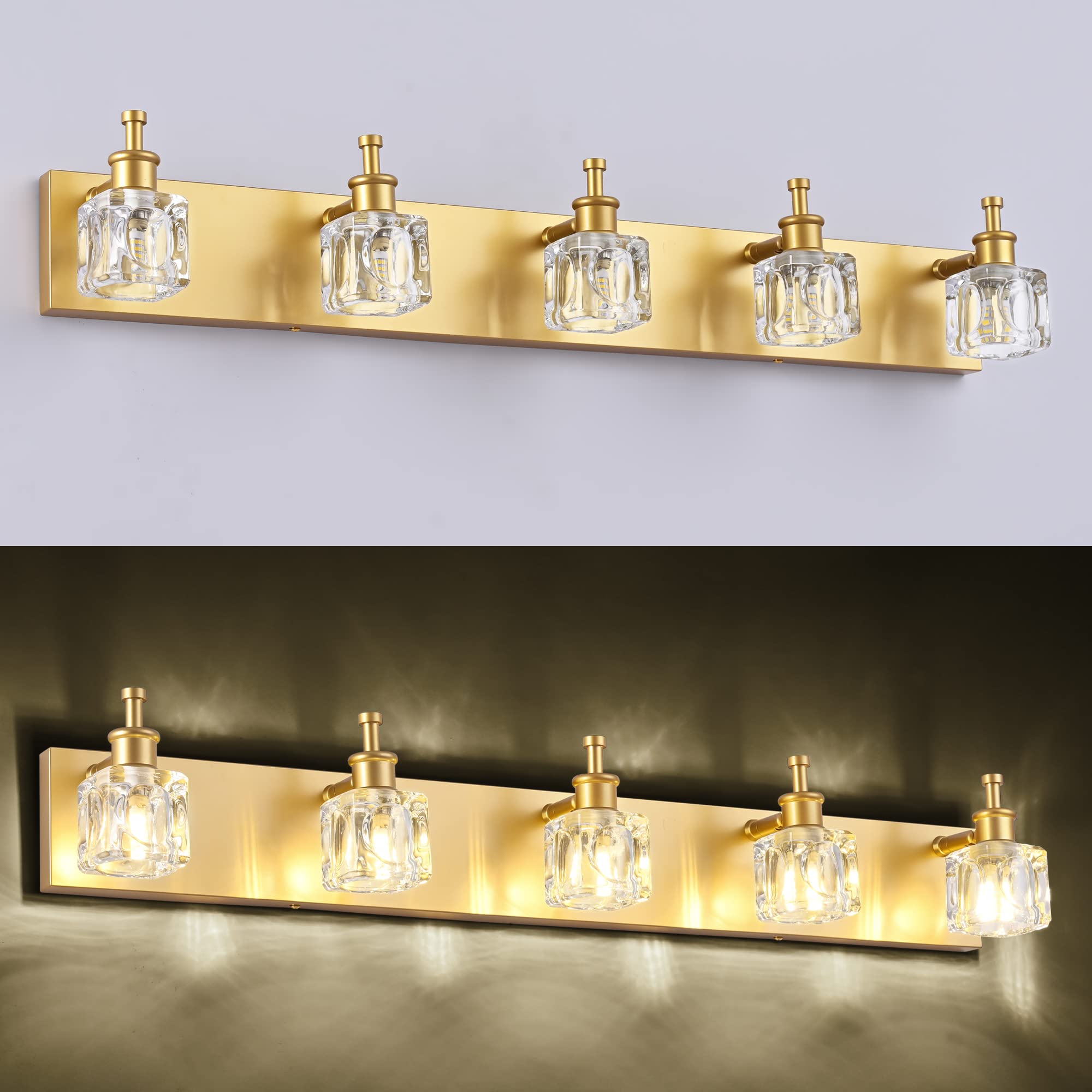 Modern Crystal Vanity Light Fixture - 5-Light Gold Bathroom Wall Sconce for Mirror Lighting, Elegant Bathroom Decor (Bulbs Not Included) - Perfect for Master Bath, Powder Room & Spa-Style Vanity Areas