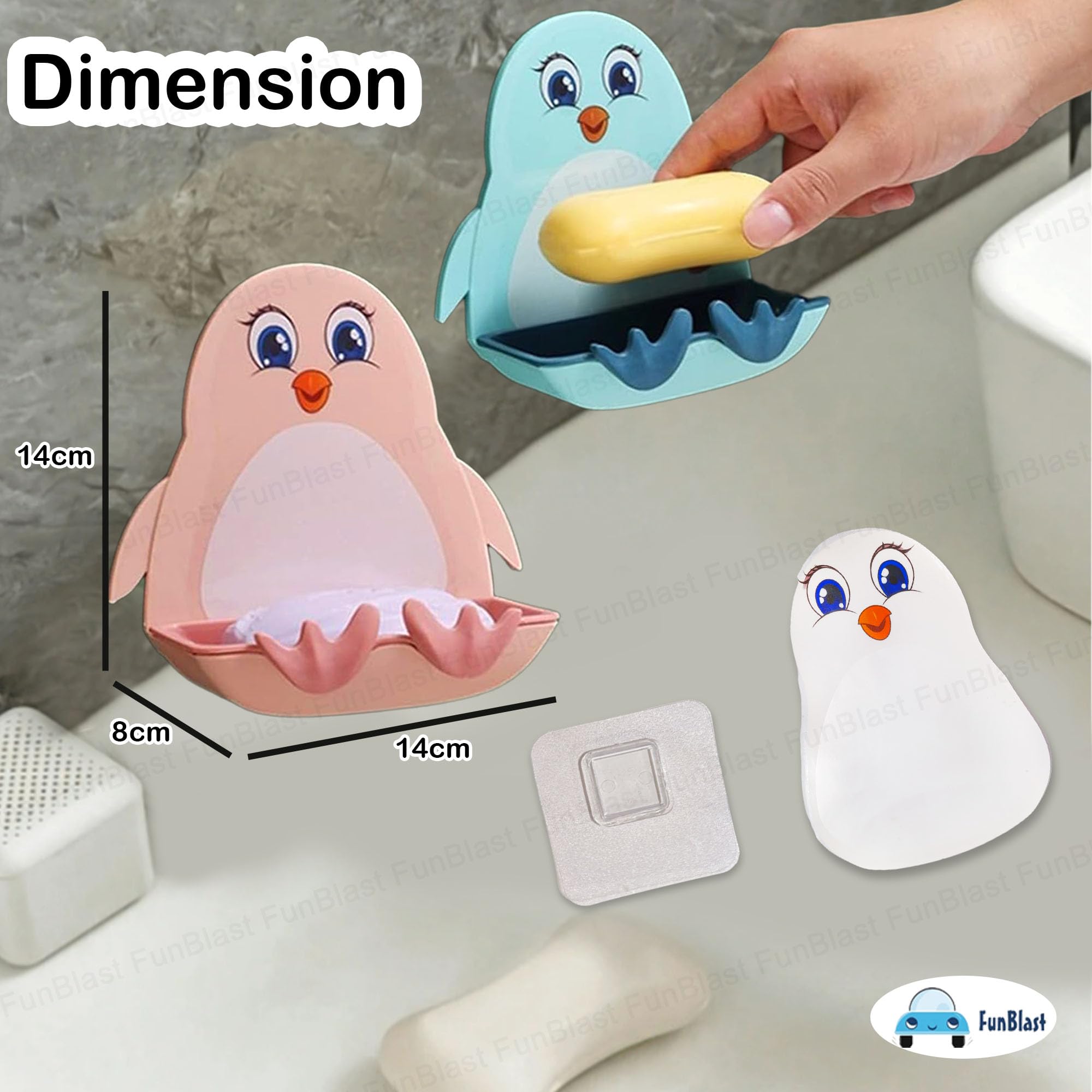 FunBlast Penguin Soap Case Set of 2 - Wall Mounted Soap Holder for Bathroom & Kitchen Sink, Waterproof Magic Stickers Soap Dish Organizer (Blue & Pink) - Perfect for Kids' Bathrooms, RV Showers, and Dorm Sinks
