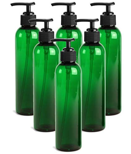 Grand Parfums 8 Oz GREEN Plastic Bottles with Black Lotion Pumps - Refillable Containers for Gel, Soap, Shampoo, Body Lotion & Cream (6-Pack) - Perfect for Home, Salon & Travel Use