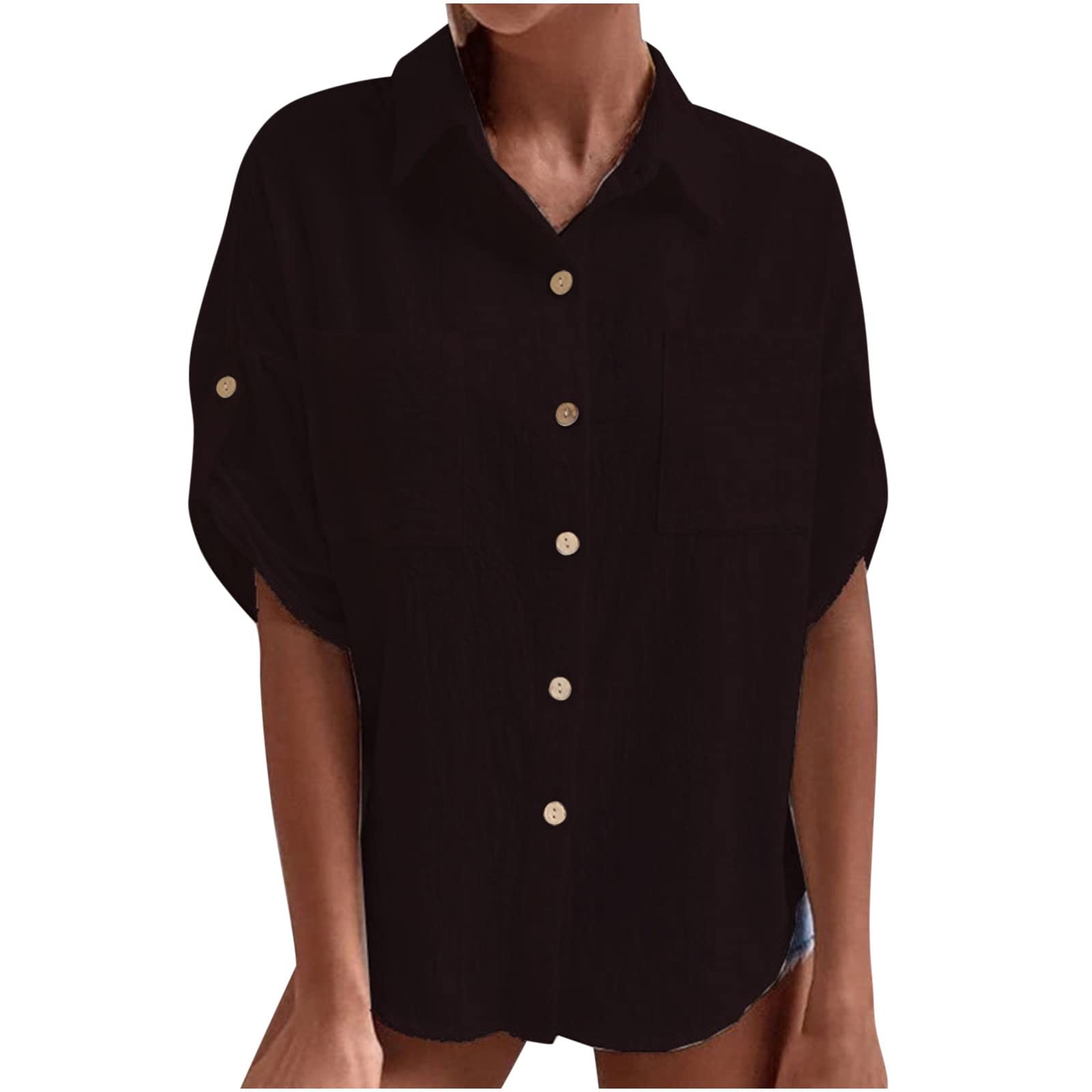 Women's Summer Beach Tank Tops - Button Down Short Sleeve Blouse in Solid Colors | Business Casual Lapel Shirts for Work, Vacation & Outdoor Activities