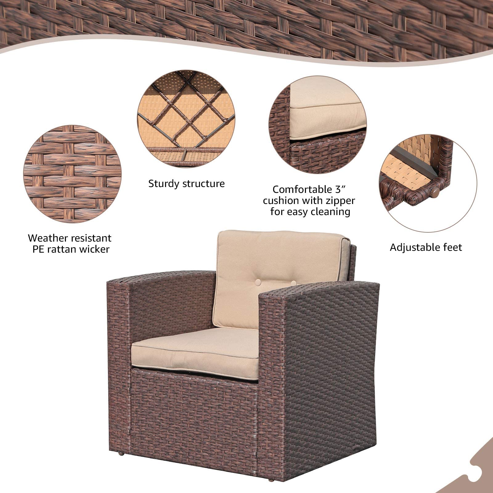 Super Patio 9-Piece All-Weather Outdoor Furniture Set - PE Wicker Sectional Sofa with Ottoman, Tempered Glass Coffee Table & Red Pillows (Espresso Brown) - Perfect for Backyard, Garden, Poolside or Patio Relaxation