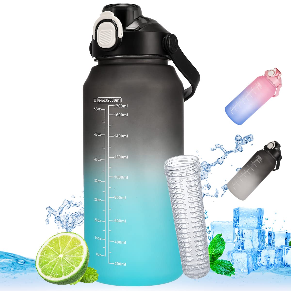 Yuirsion 2L Sports Water Bottle with Time Markings & Straw - BPA-Free, Leak-Proof Fitness Bottle for Gym, Yoga, Hiking, Camping & Outdoor Activities - Ideal for Hydration Tracking & Workout Motivation (Black/Blue)